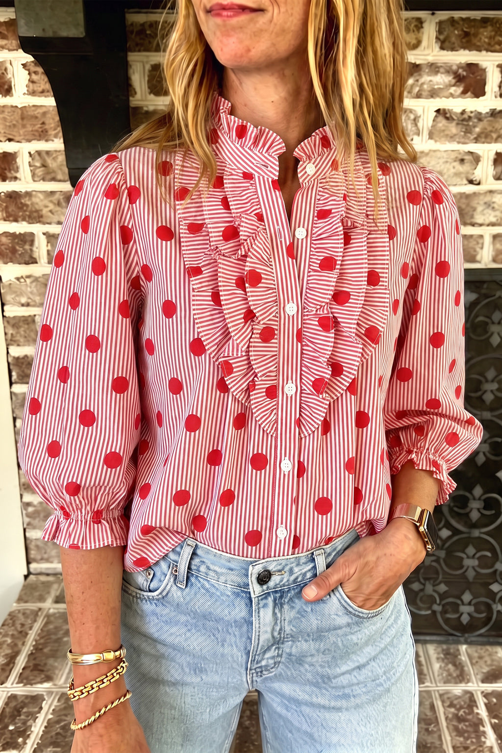 Polka Dot Stripe Ruffle Neck Top