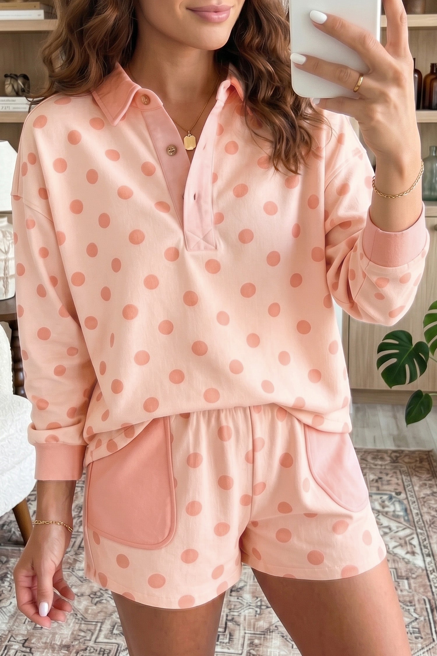 Sweet Pink Polka Dot Polo Shorts Set