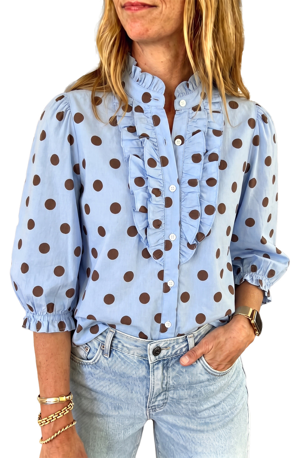 Polka Dot Stripe Ruffle Neck Top
