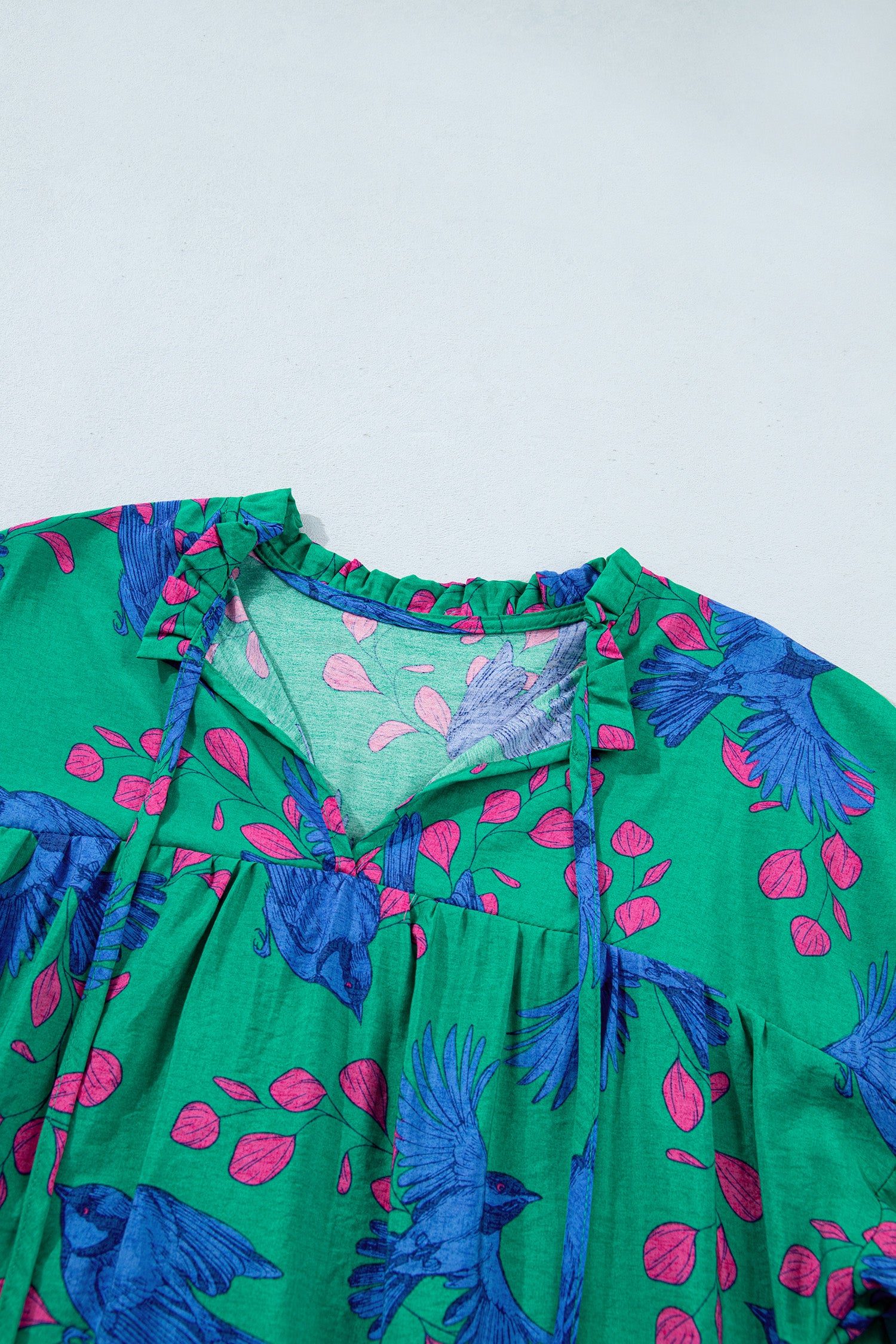Green Abstract Print V Neck Flounced Puff Sleeve Blouse