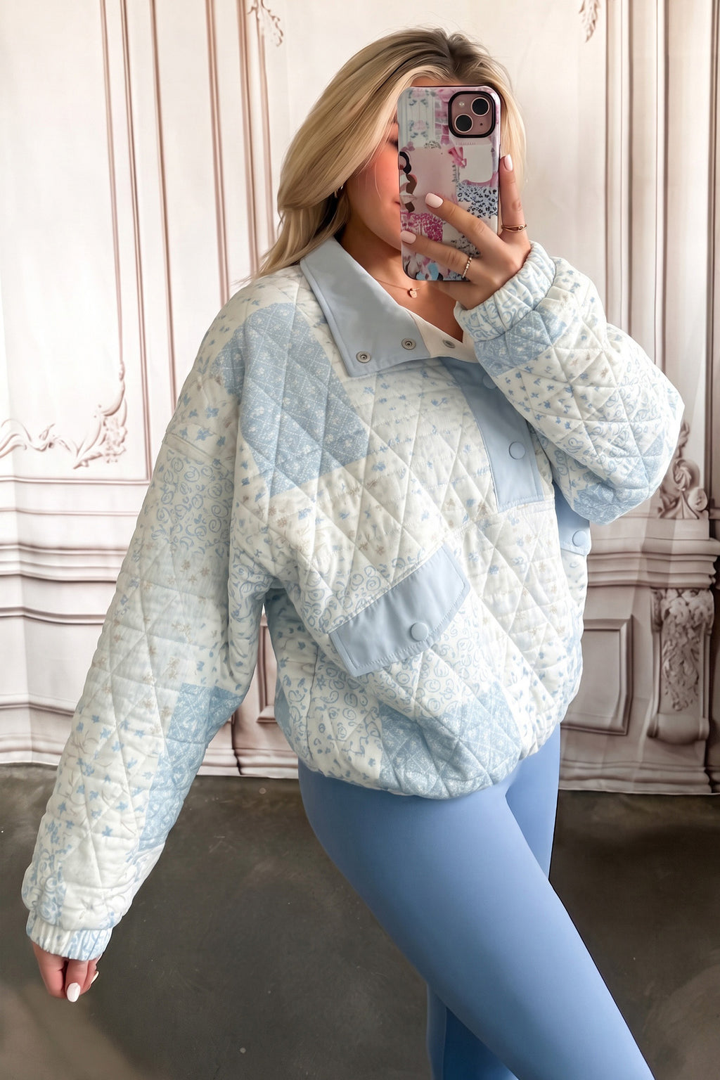 Floral Quilted Half Button Pocketed Pullover
