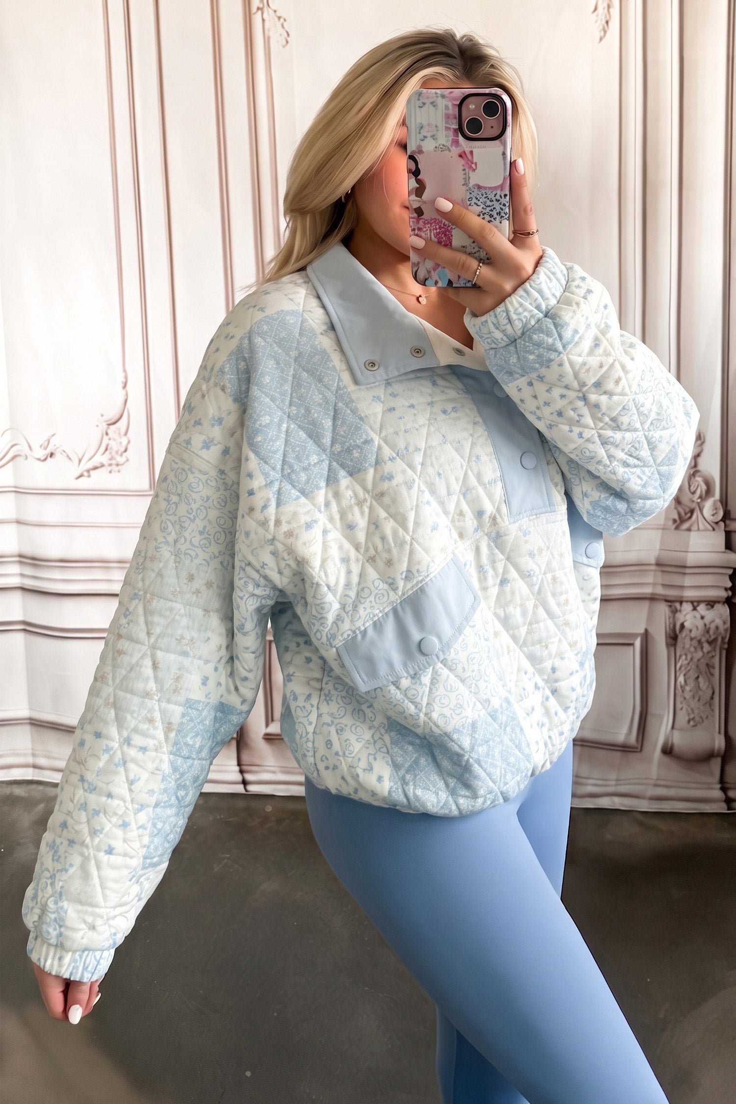 Floral Quilted Half Button Pocketed Pullover