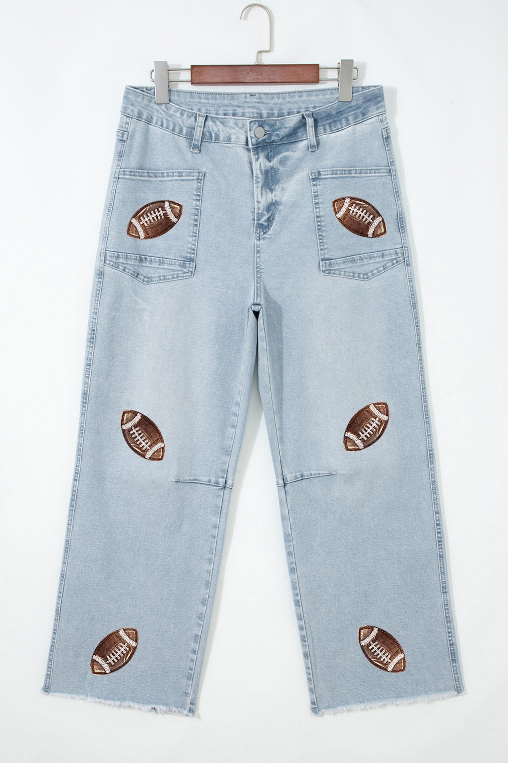 Patched Football Raw Hem Jeans