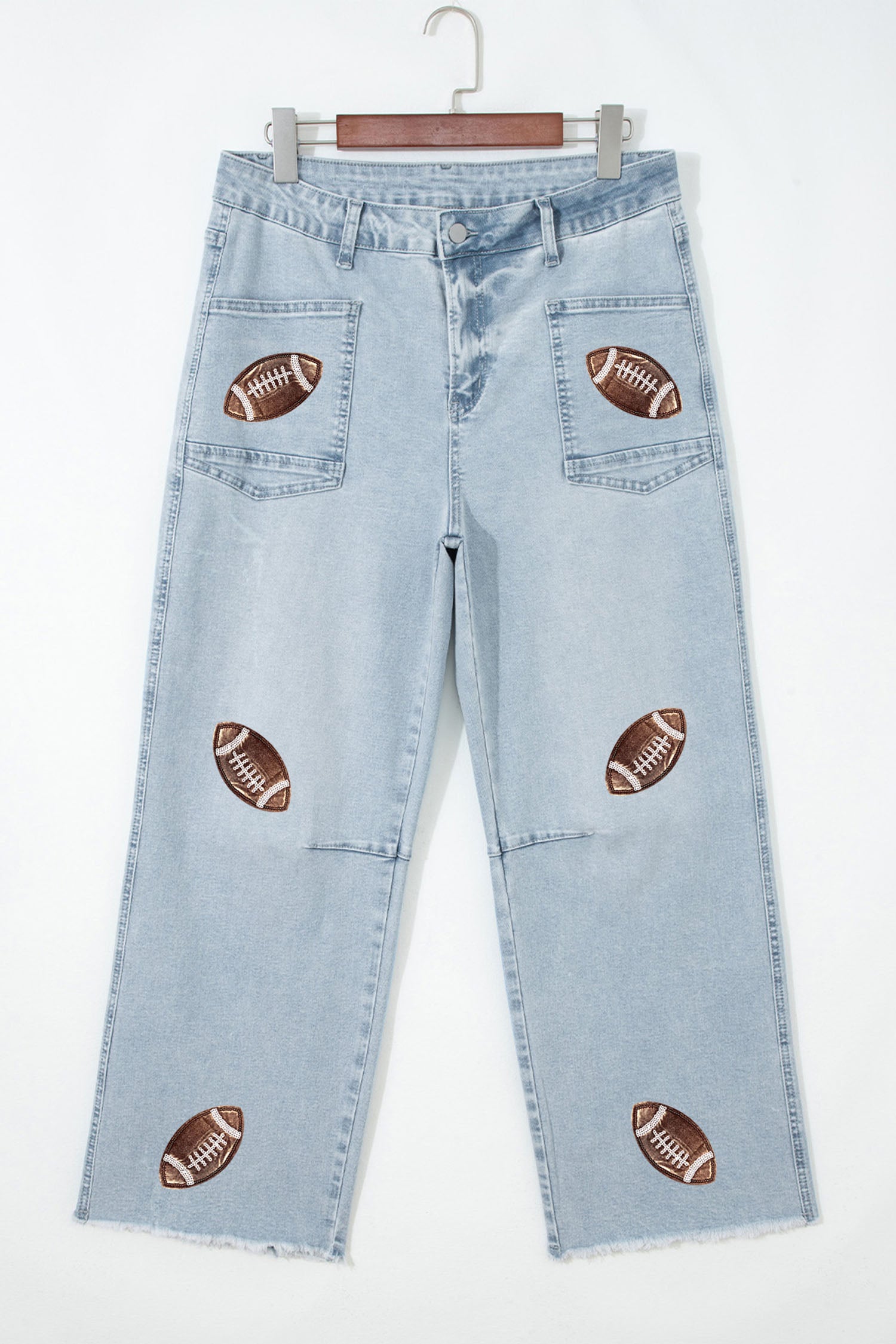Patched Football Raw Hem Jeans