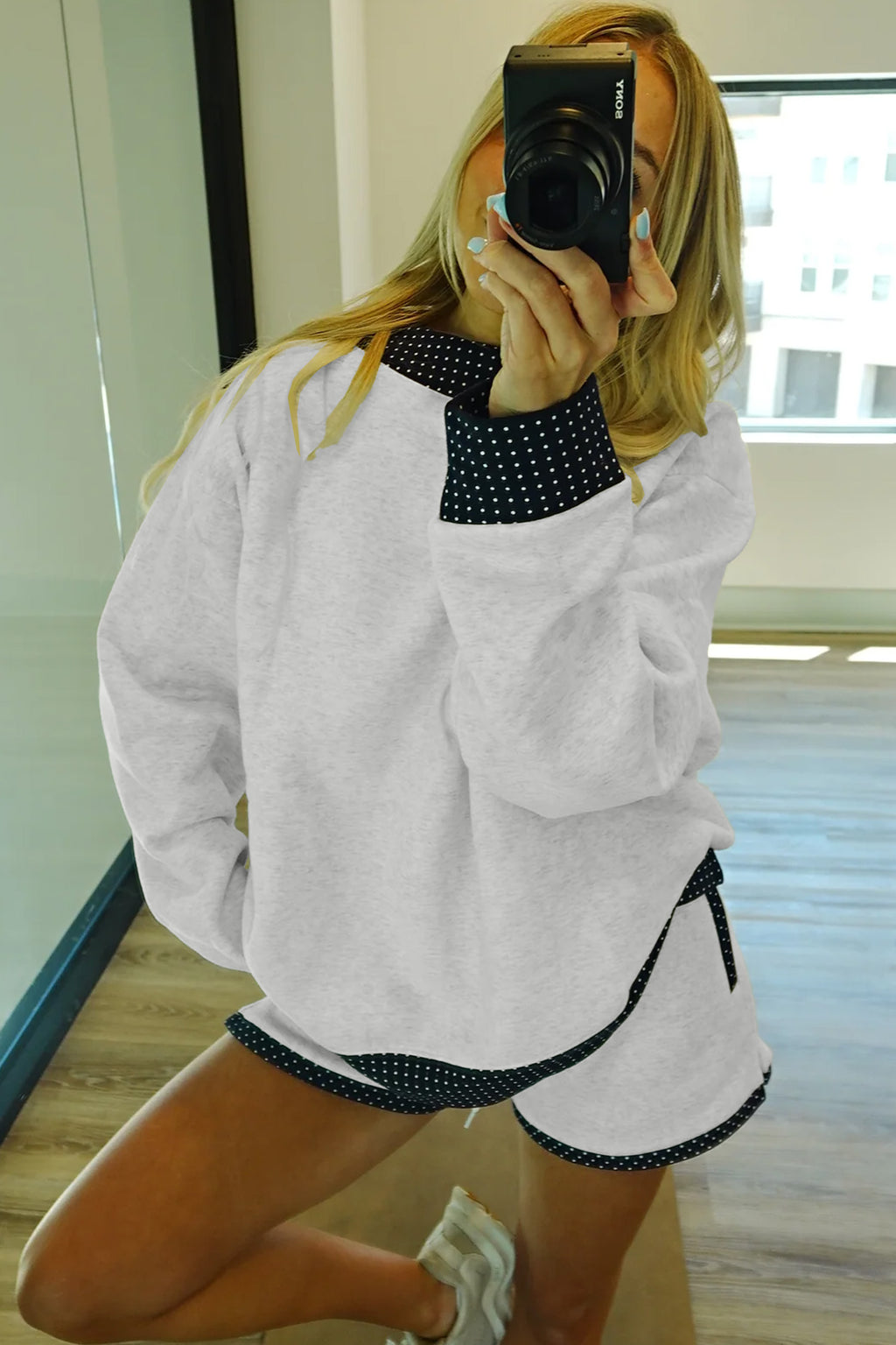 Grey Polka Dot Mock Neck Pullover & Shorts Set