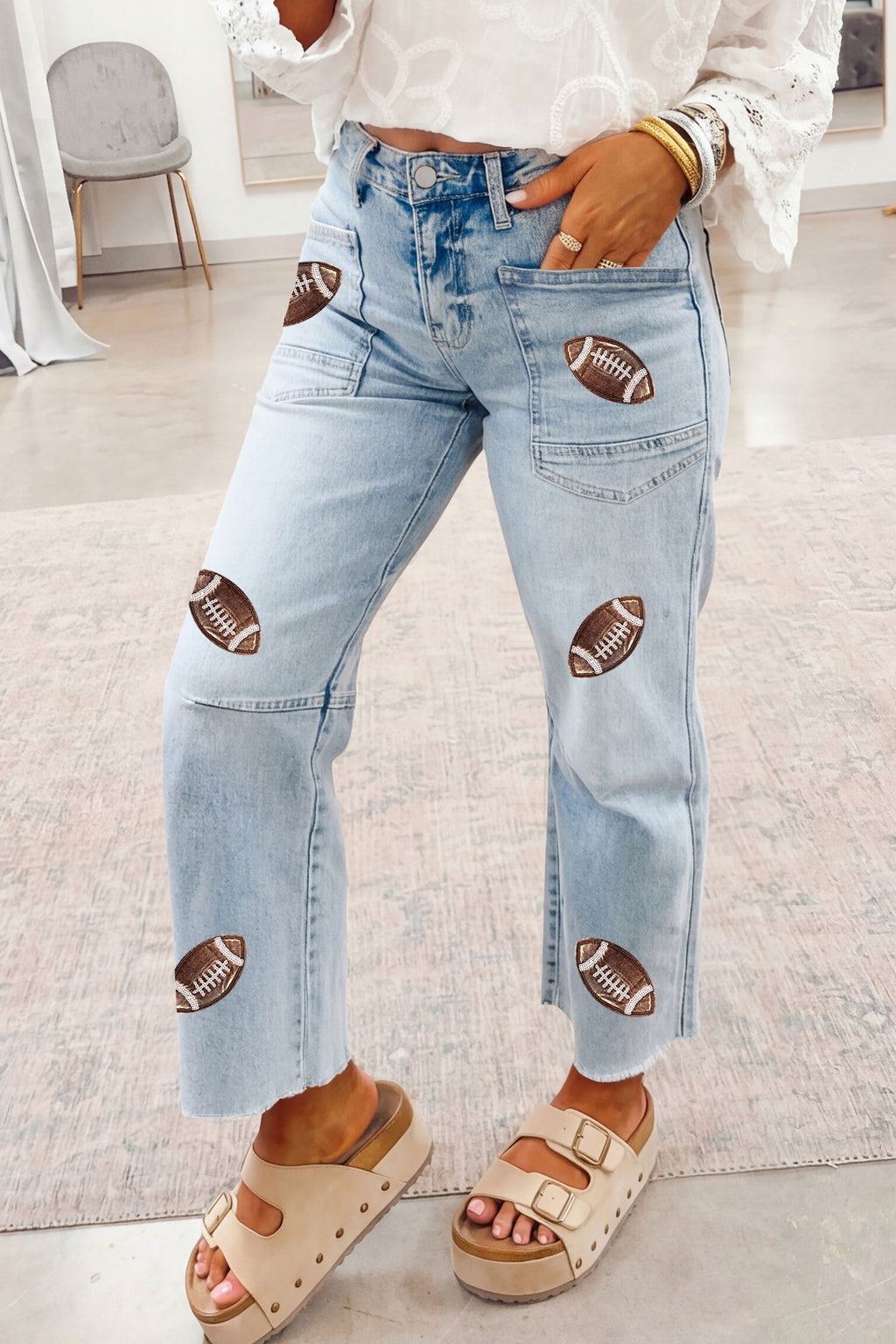 Patched Football Raw Hem Jeans