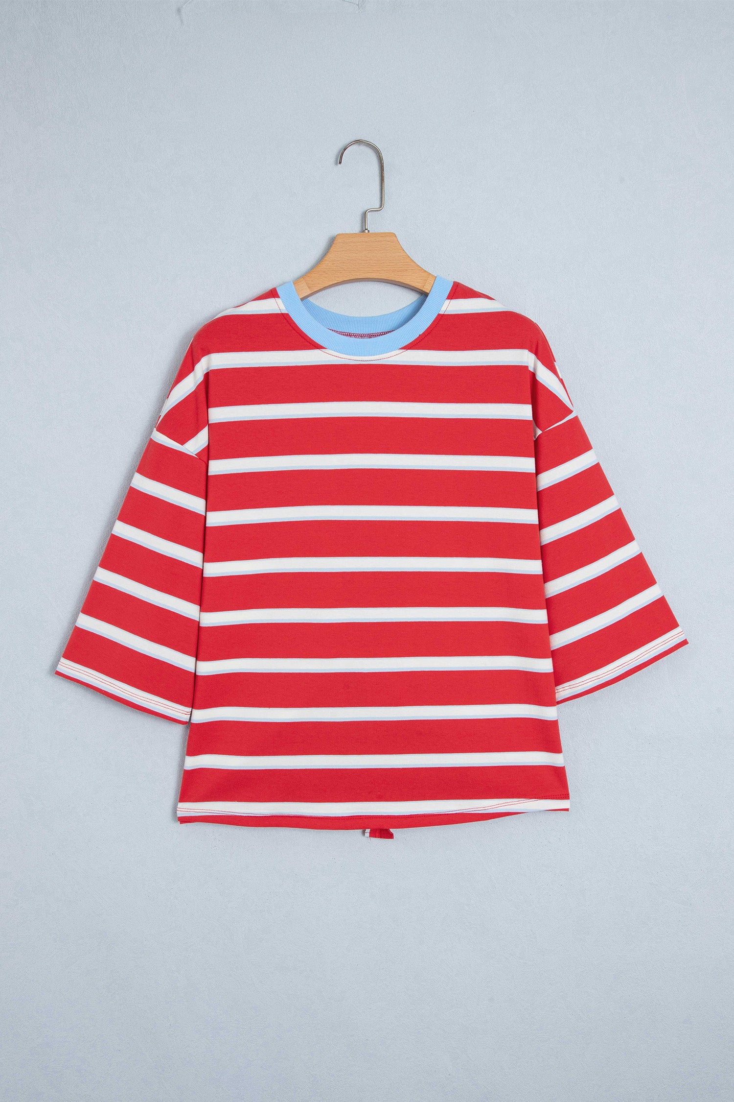 Racing Red Striped Bow Tie Hollowed Back 7/8 Sleeve Casual T-Shirt