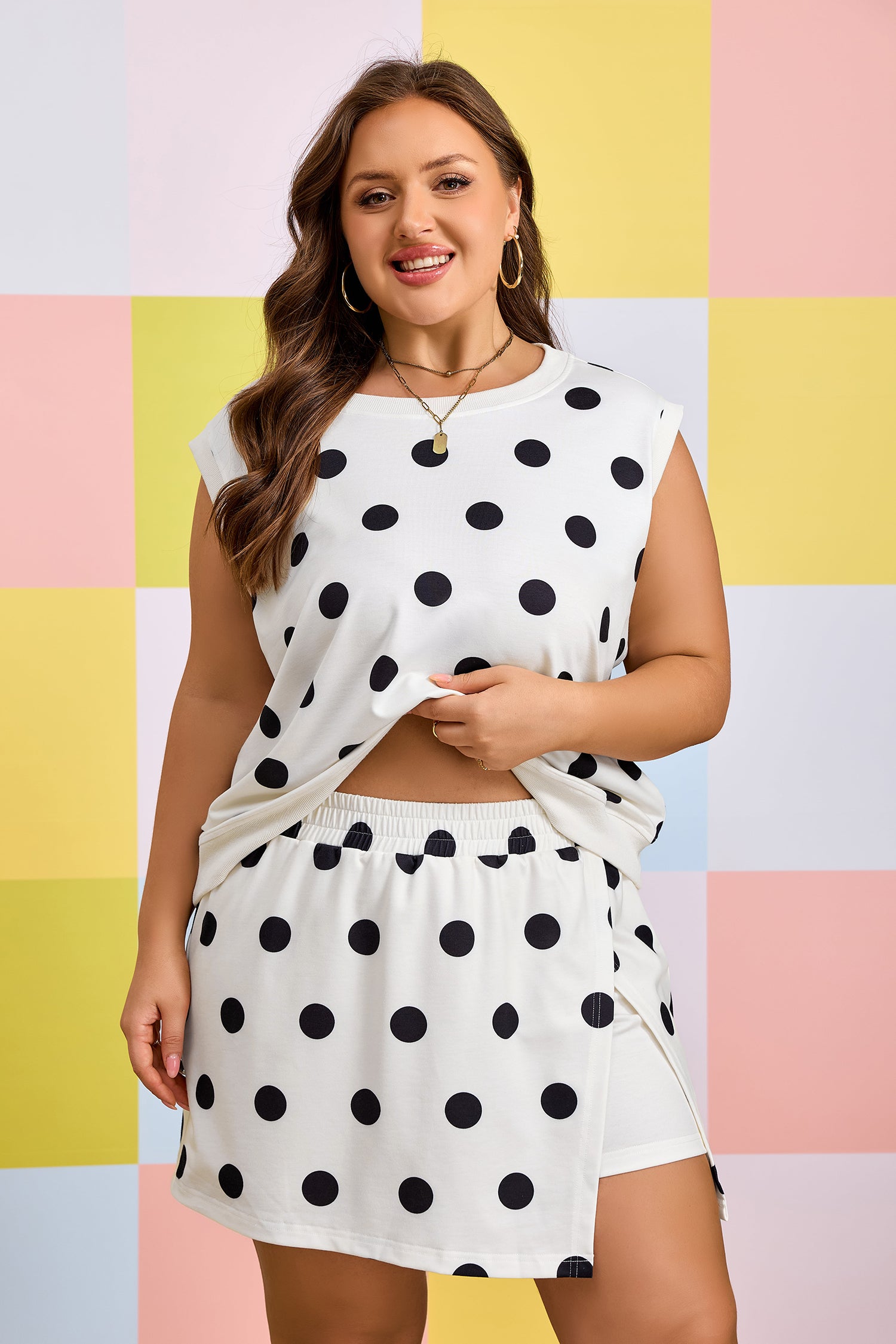 White Plus Size Polka Dot Printed Tank & Skort 2pcs Set