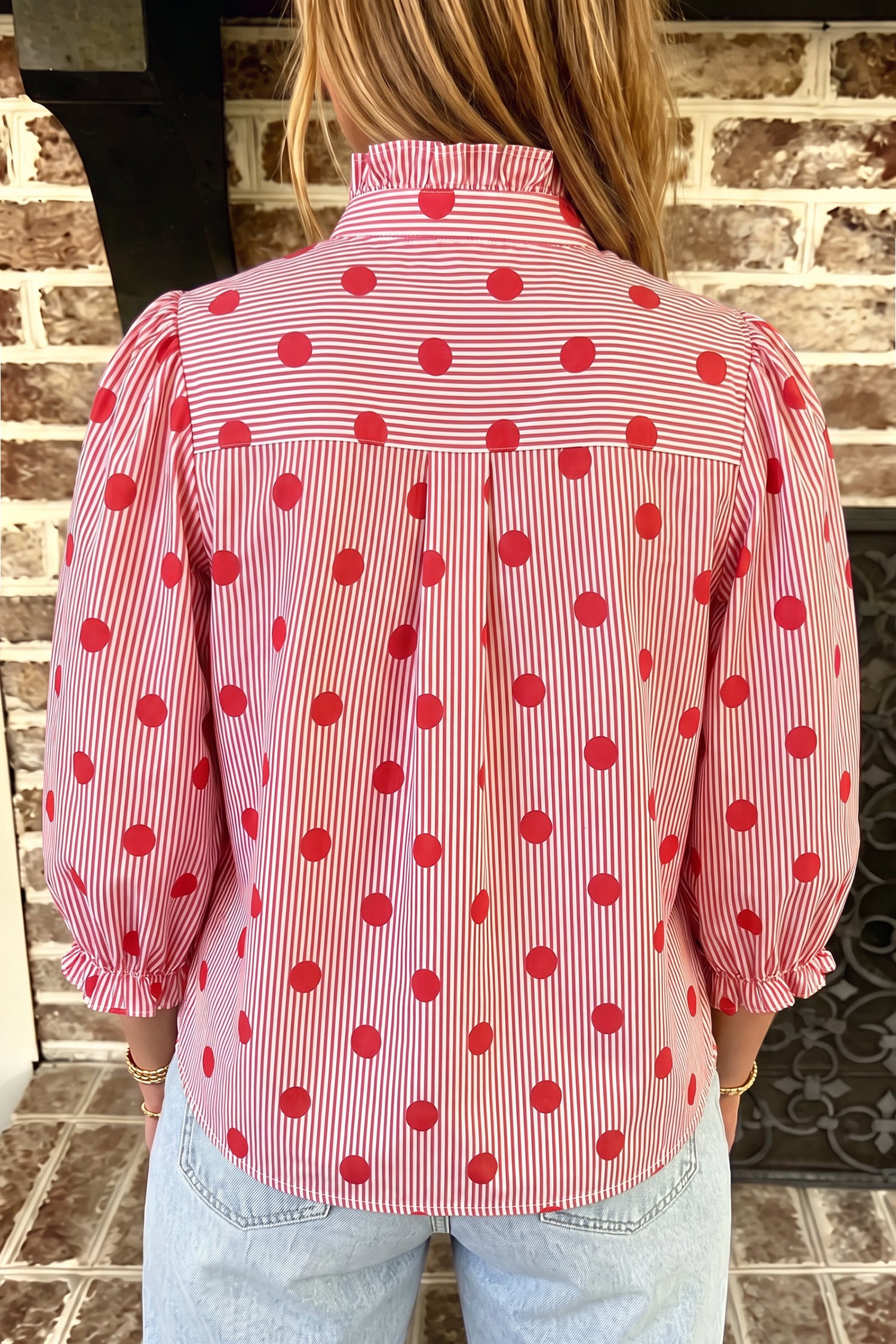 Polka Dot Stripe Ruffle Neck Top