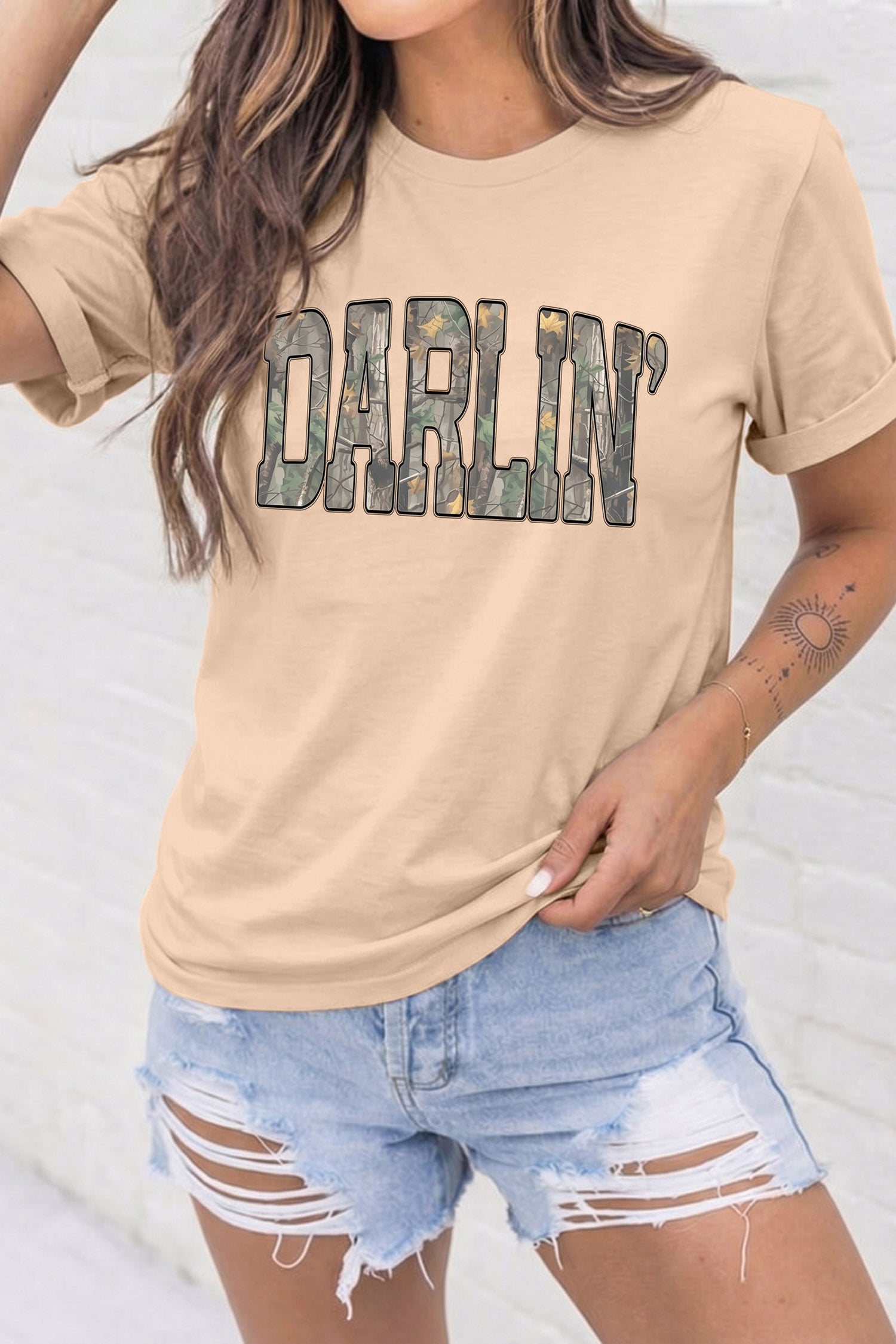 Khaki DARLIN Camo Letter Crewneck