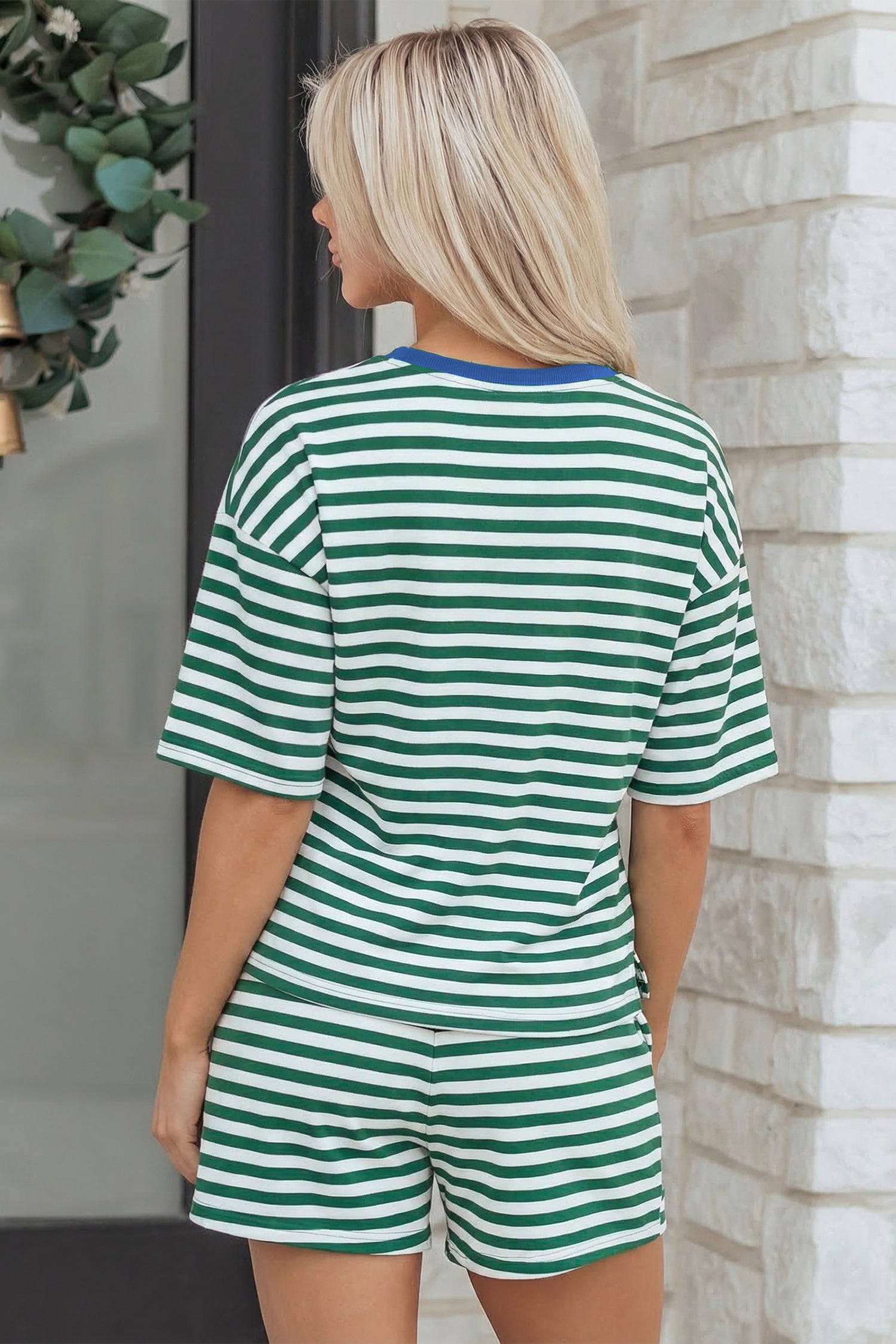 Yellow Stripe Drop Shoulder Boxy Casual Terry Short Set