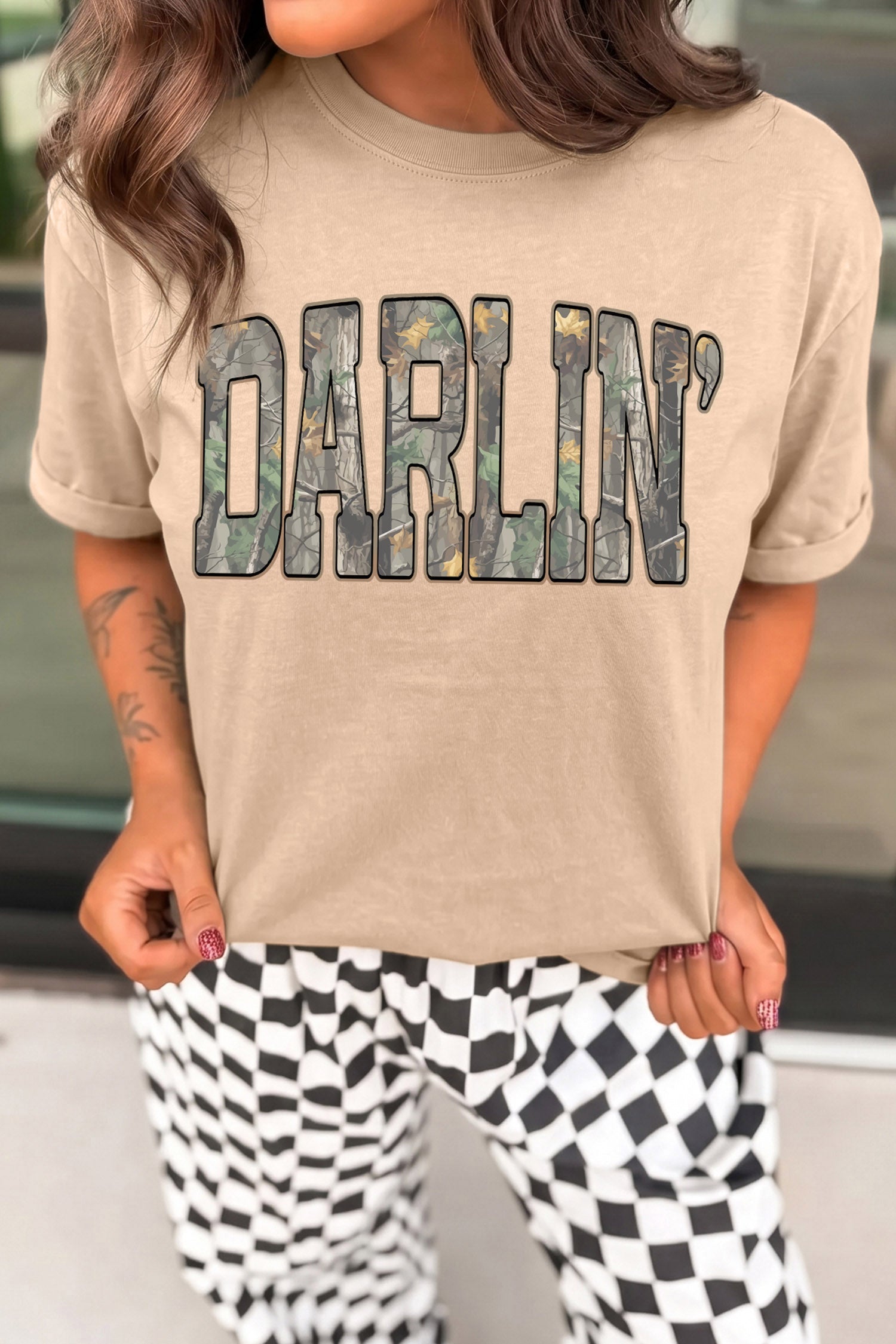 Khaki DARLIN Camo Letter Crewneck