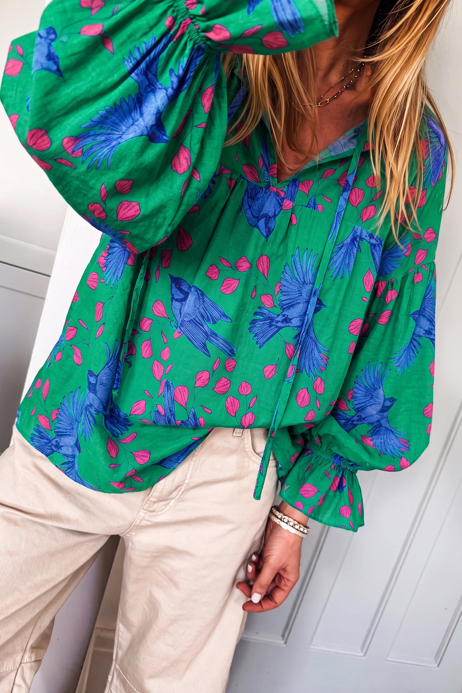 Green Abstract Print V Neck Flounced Puff Sleeve Blouse