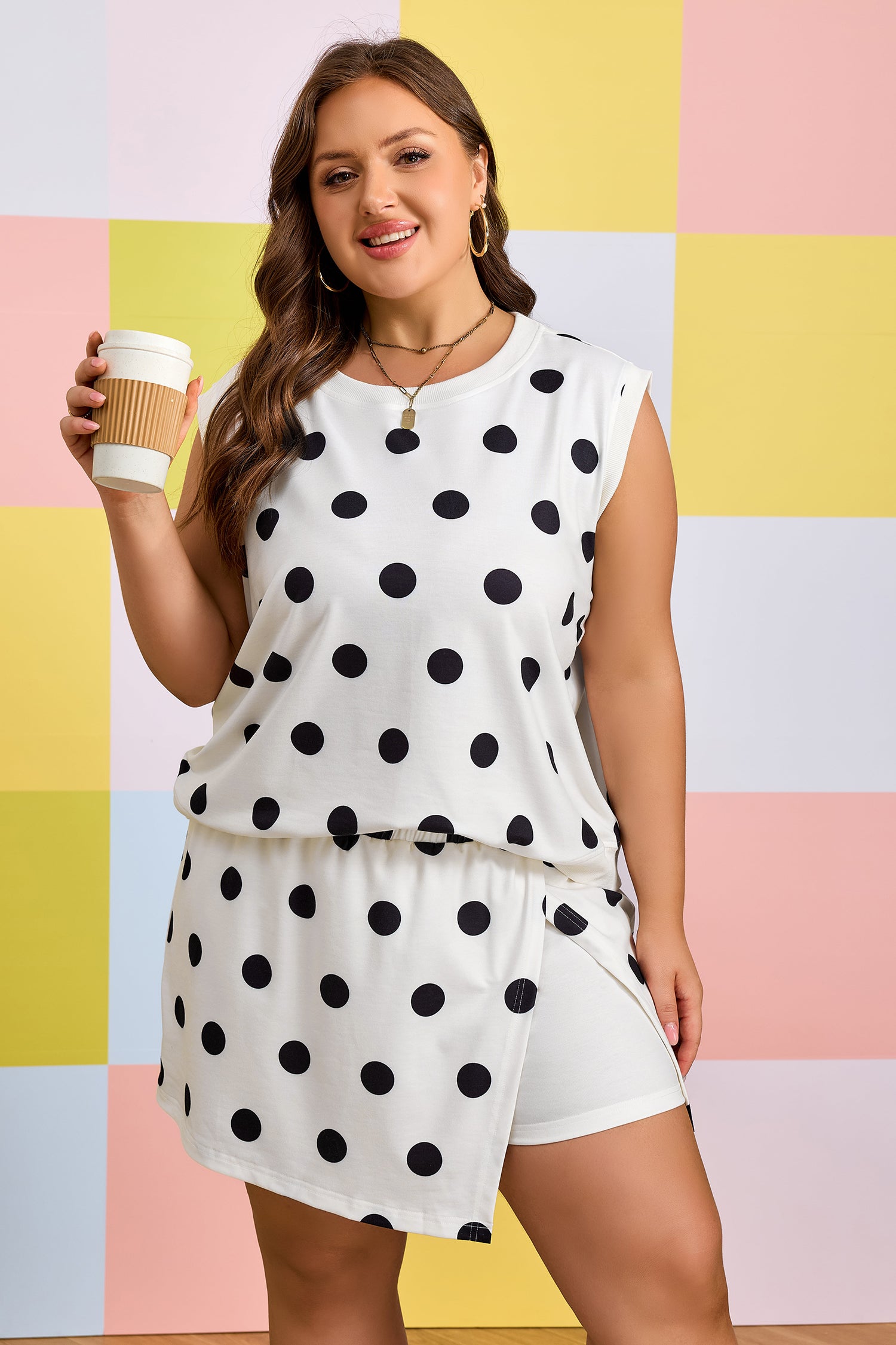 White Plus Size Polka Dot Printed Tank & Skort 2pcs Set