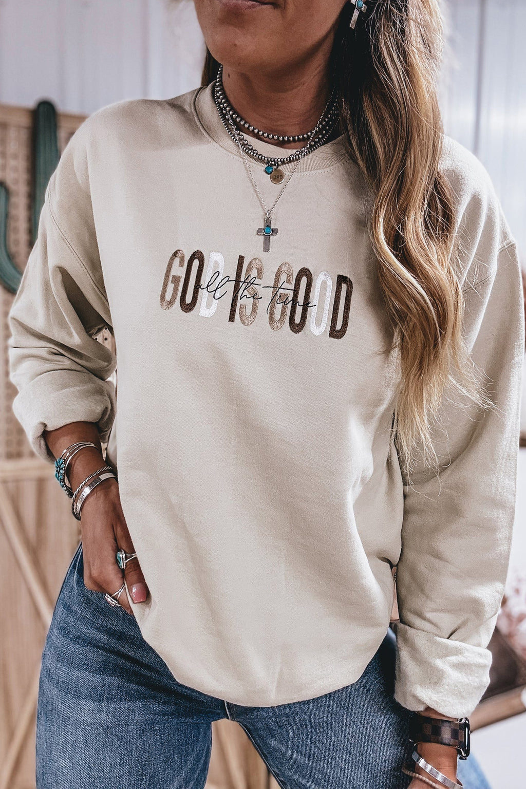GOD IS GOOD Western Embroidered Crewneck