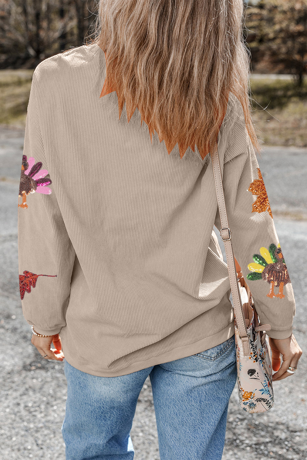 Smoke Gray 3D Ribbed Sequin Fall Leaf Turkey Graphic Baggy Sweatshirt