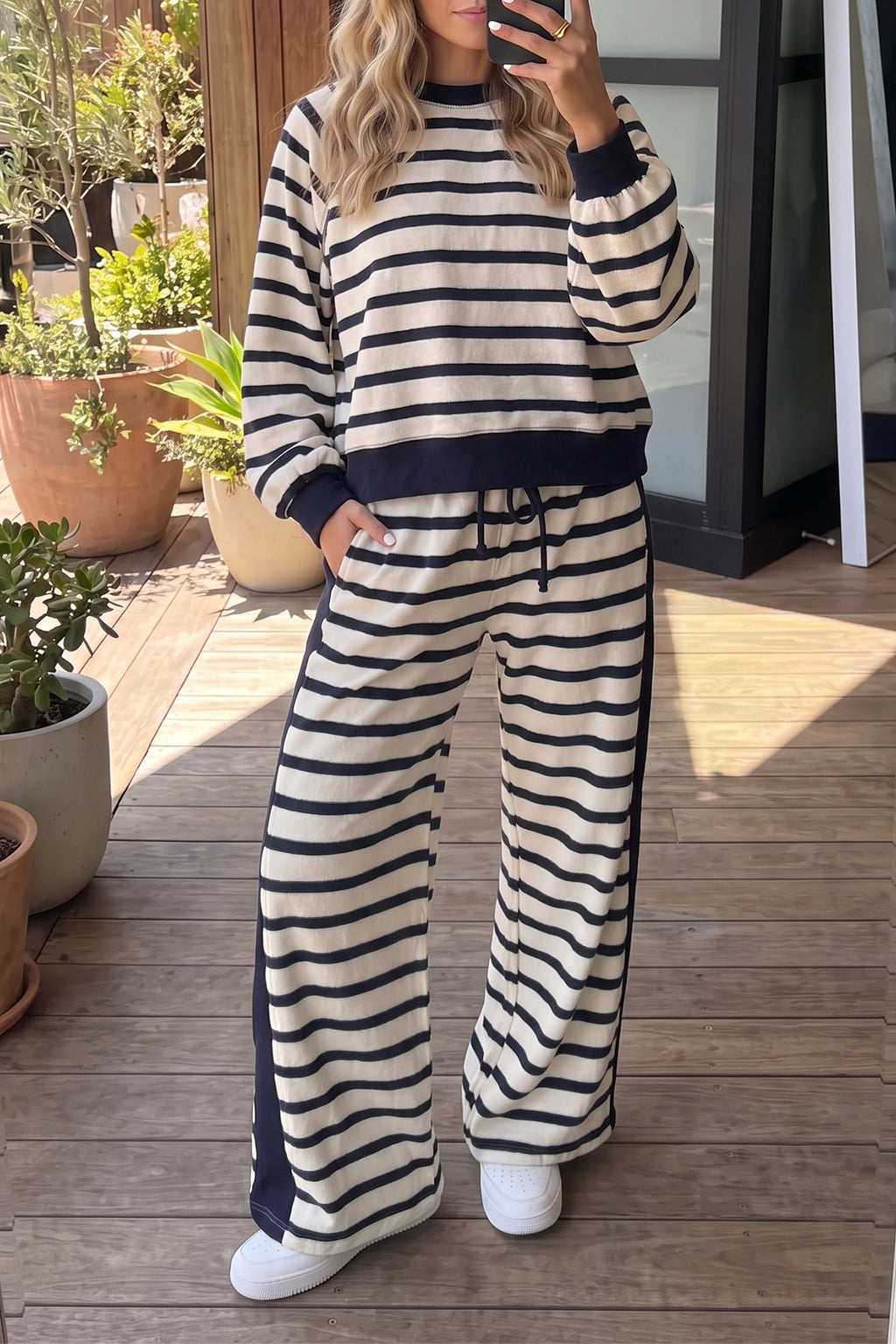 Beige Stripe Cozy Two-Piece Set