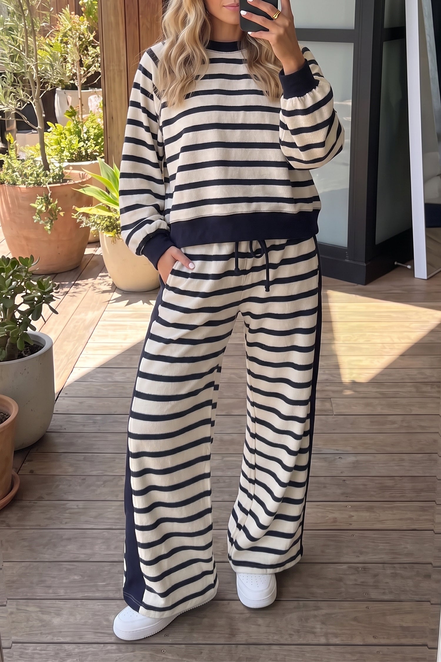 Beige Stripe Cozy Two-Piece Set