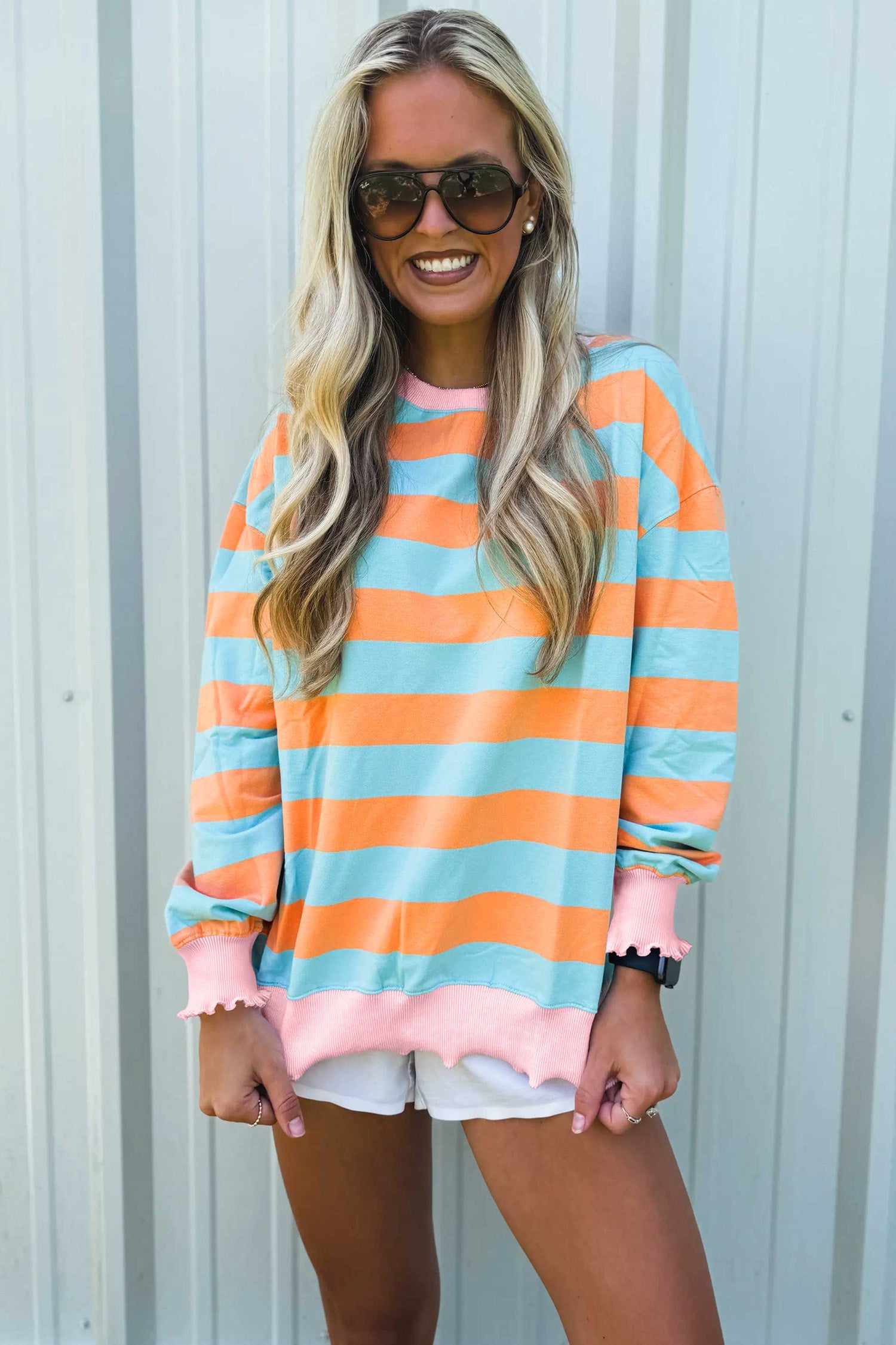 Orange Stripe Ruffle Trim Top
