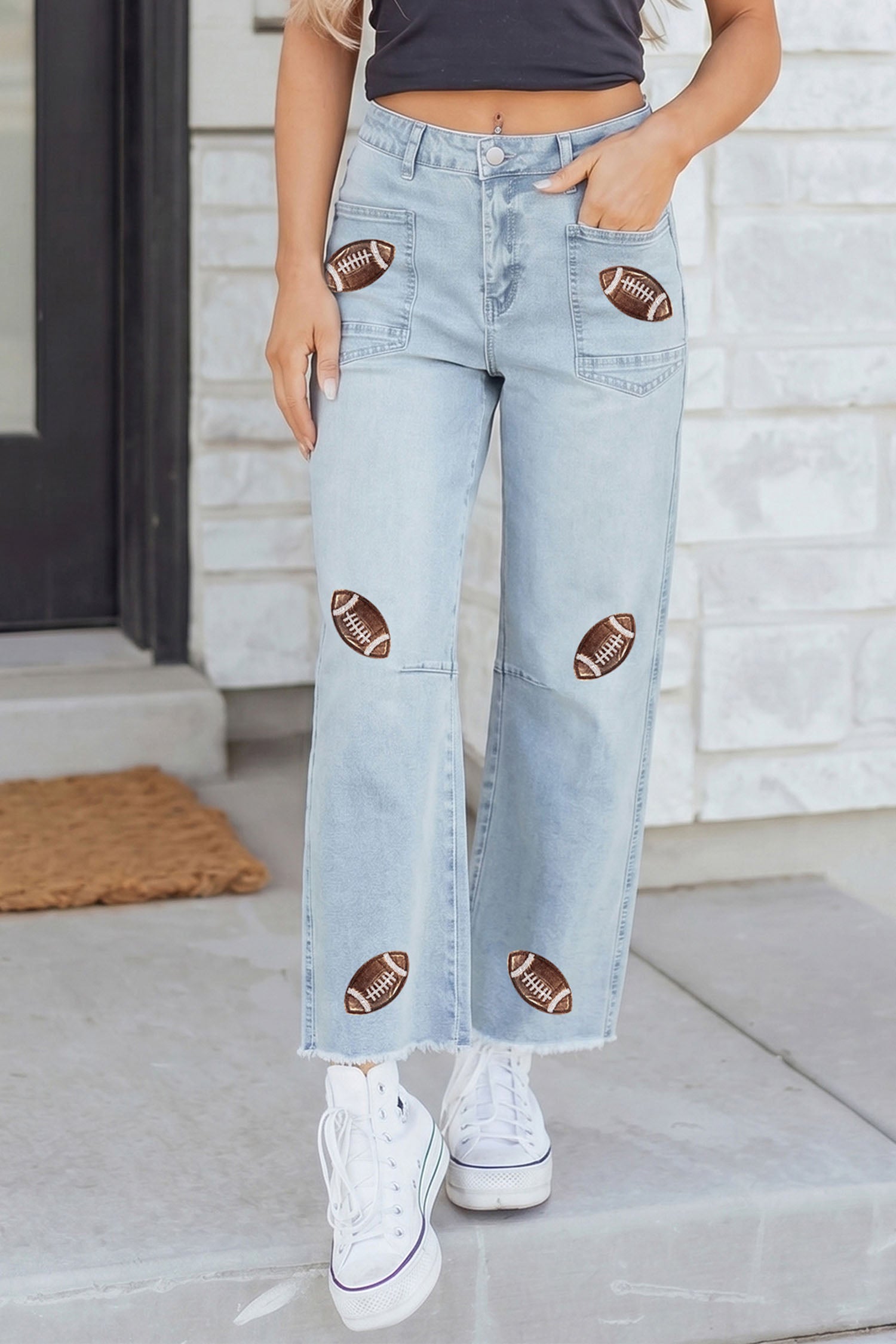 Patched Football Raw Hem Jeans