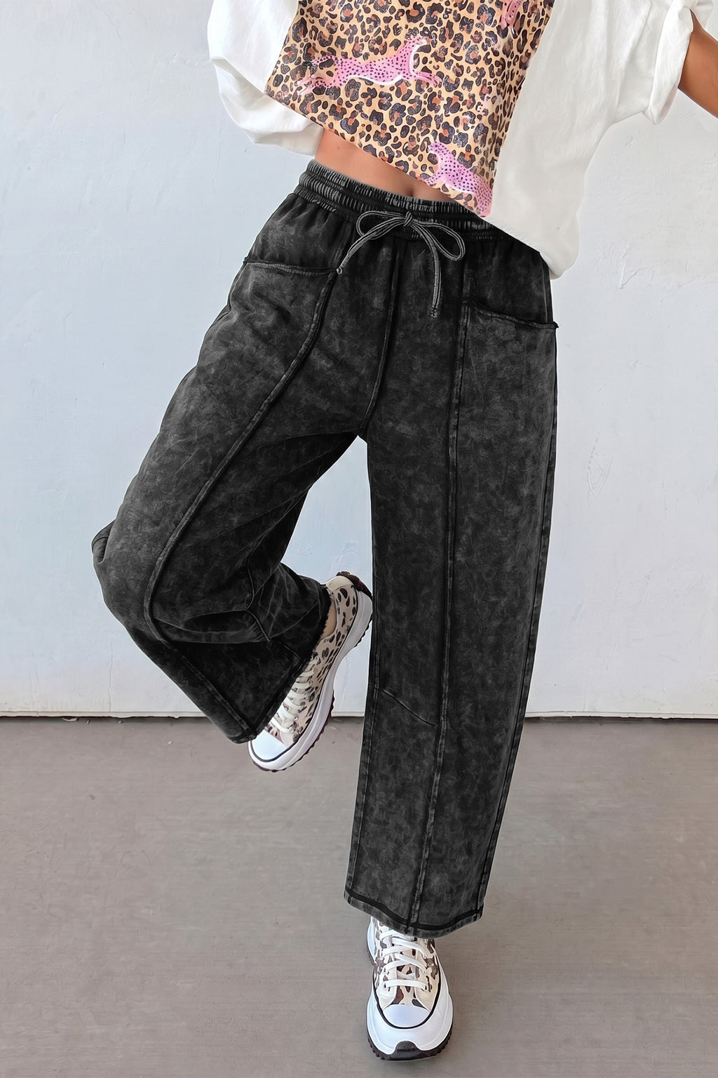 Black Mineral Wash Barrel Pants