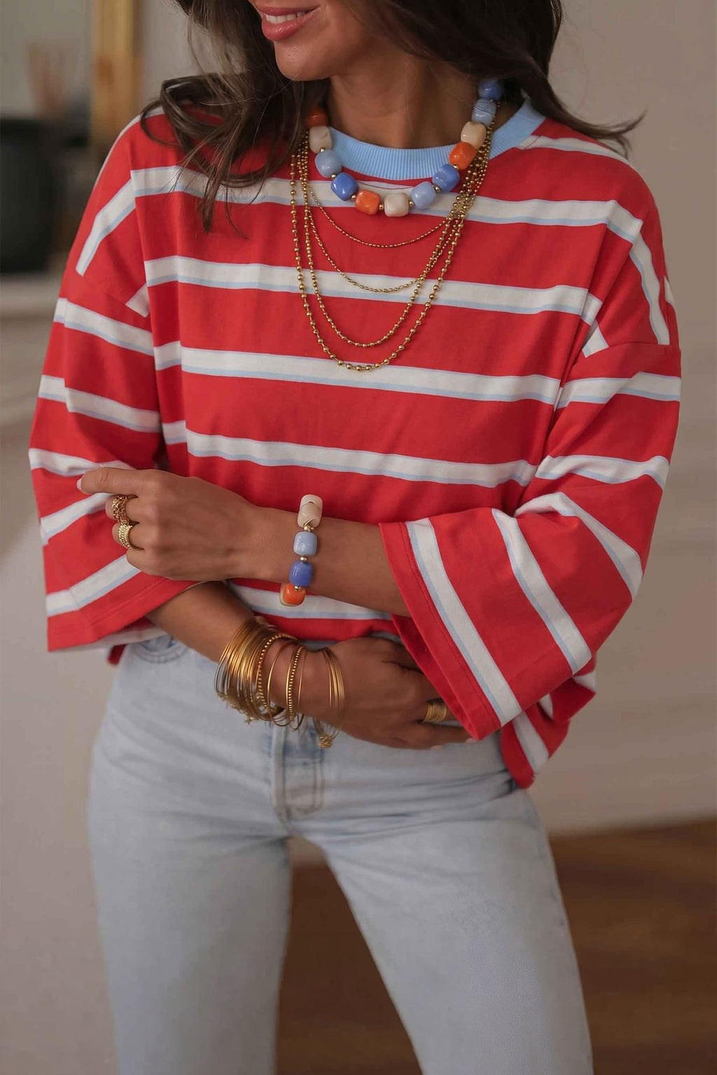 Racing Red Striped Bow Tie Hollowed Back 7/8 Sleeve Casual T-Shirt