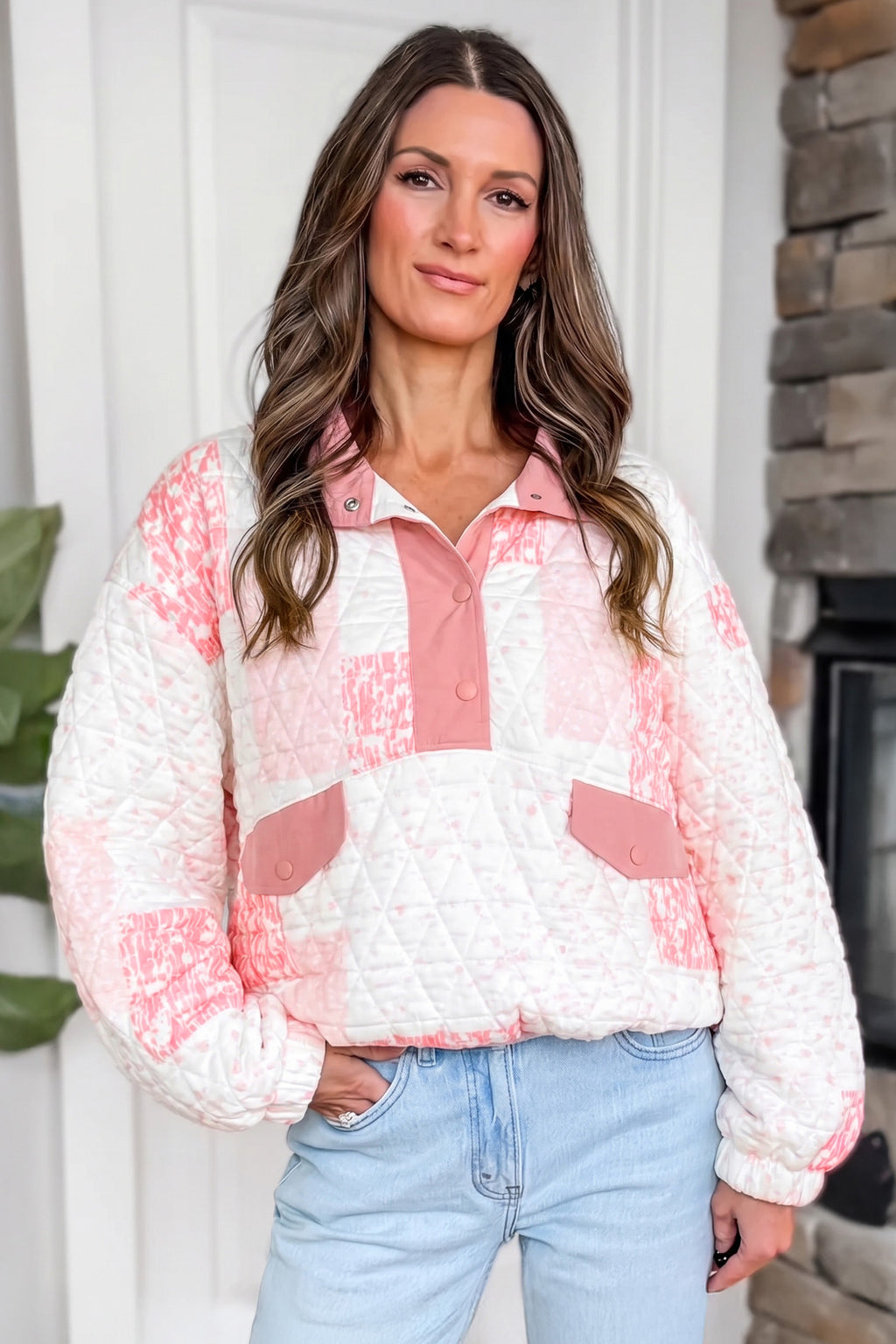 Floral Quilted Half Button Pocketed Pullover
