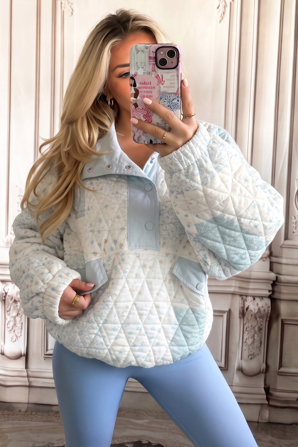 Floral Quilted Half Button Pocketed Pullover