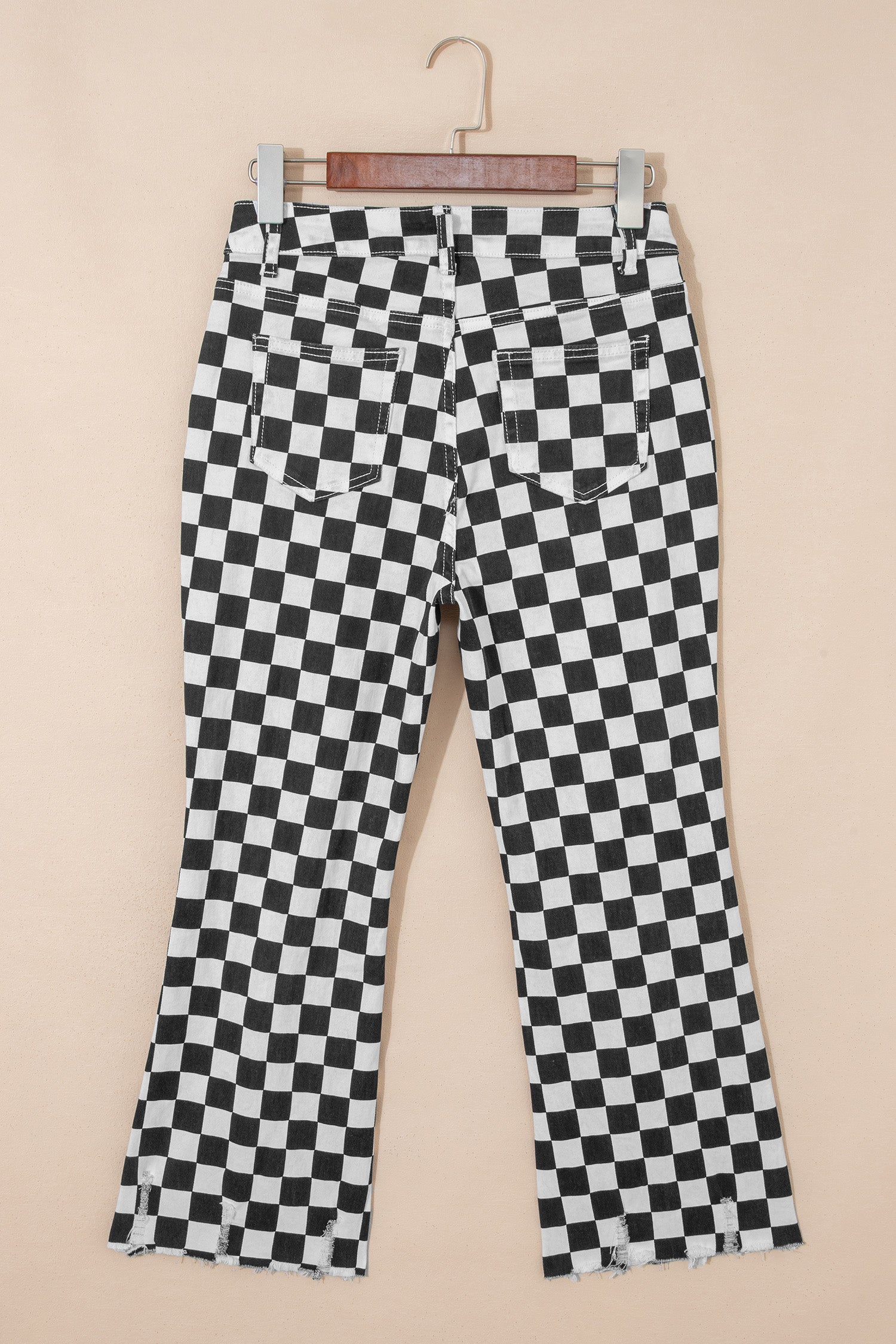 Checkerboard Print Distressed Holes Raw Edge Cropped Jeans