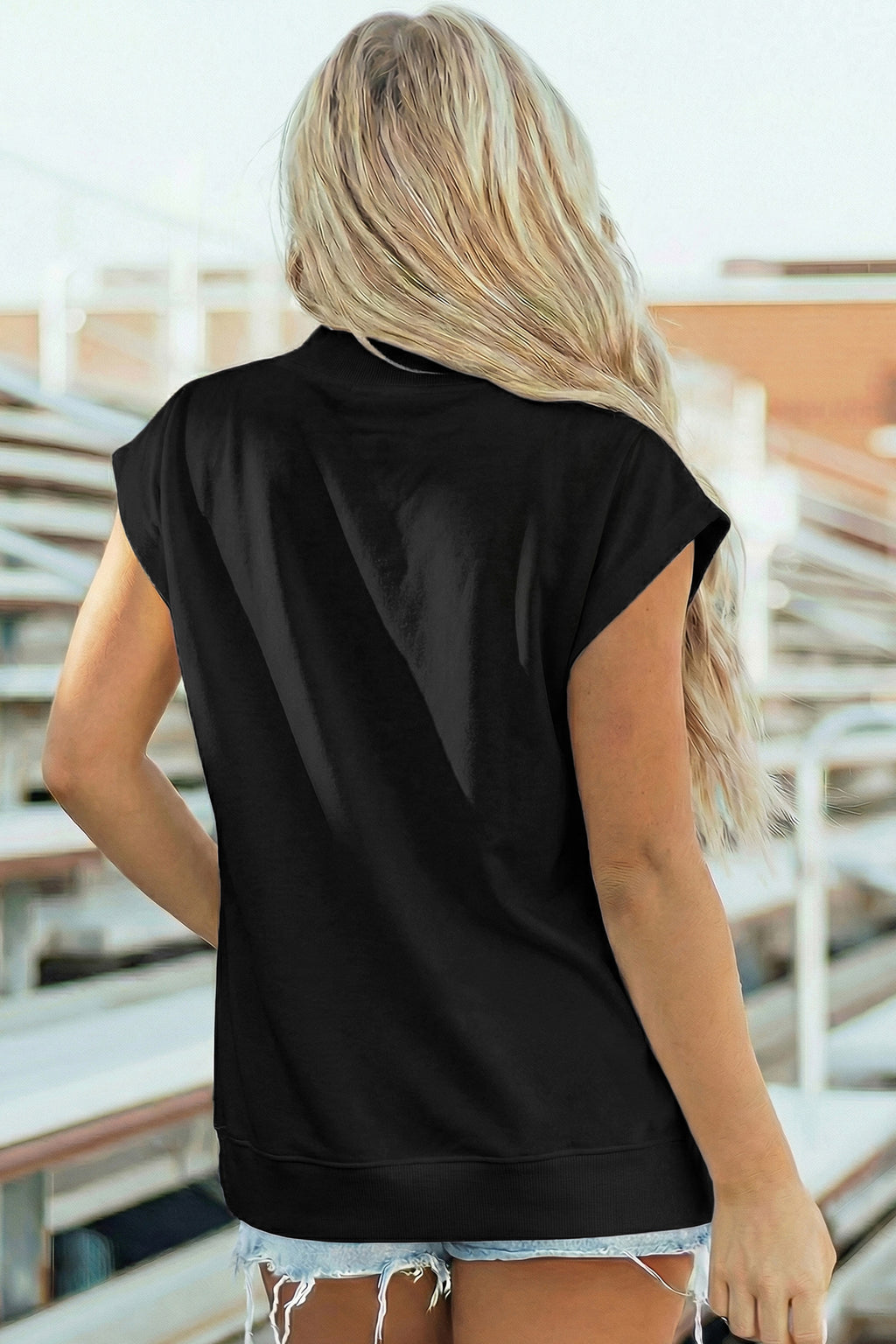 Myosotis Solid Color High Neck Cap Sleeve Loose Top