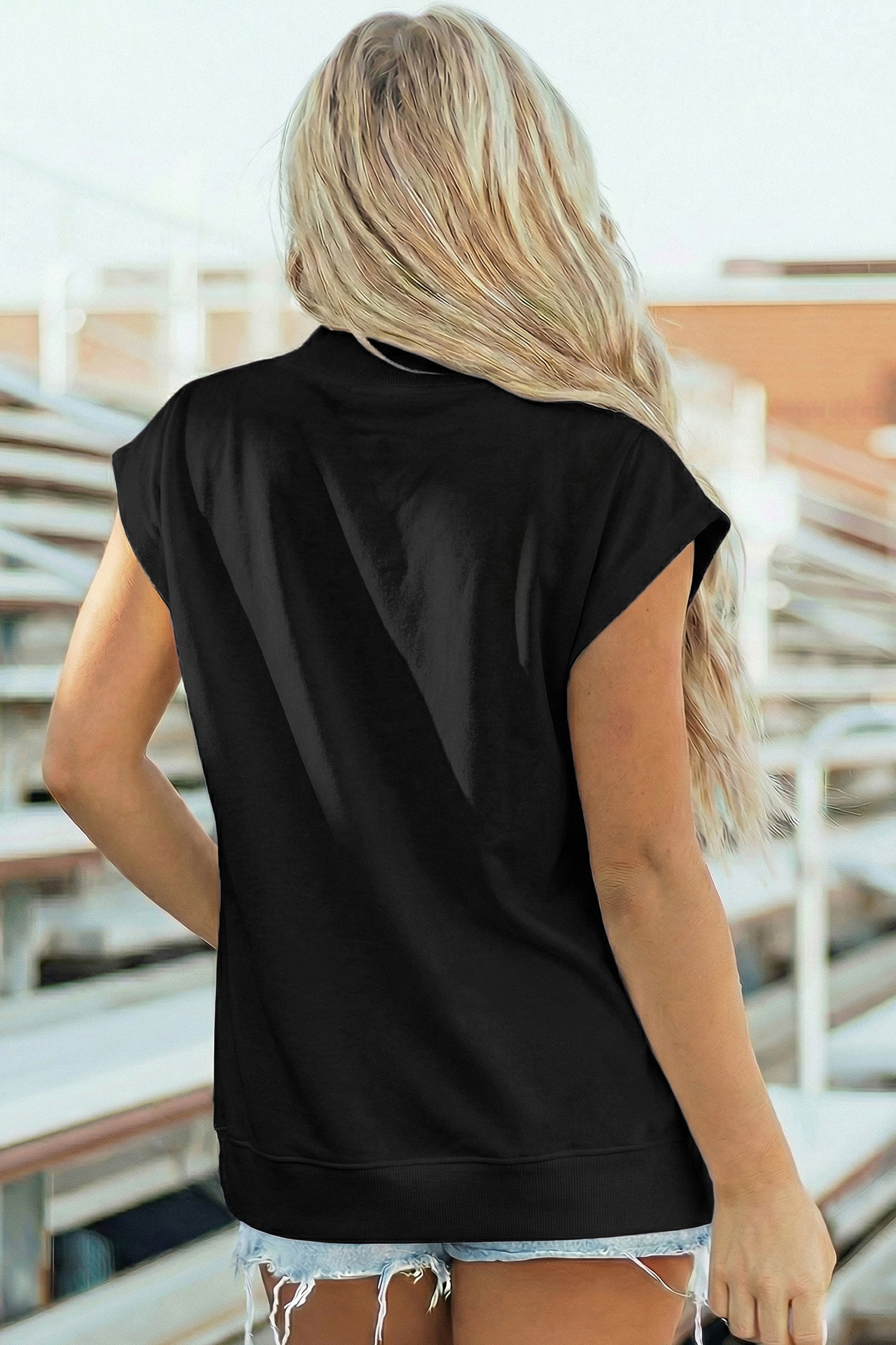 Myosotis Solid Color High Neck Cap Sleeve Loose Top