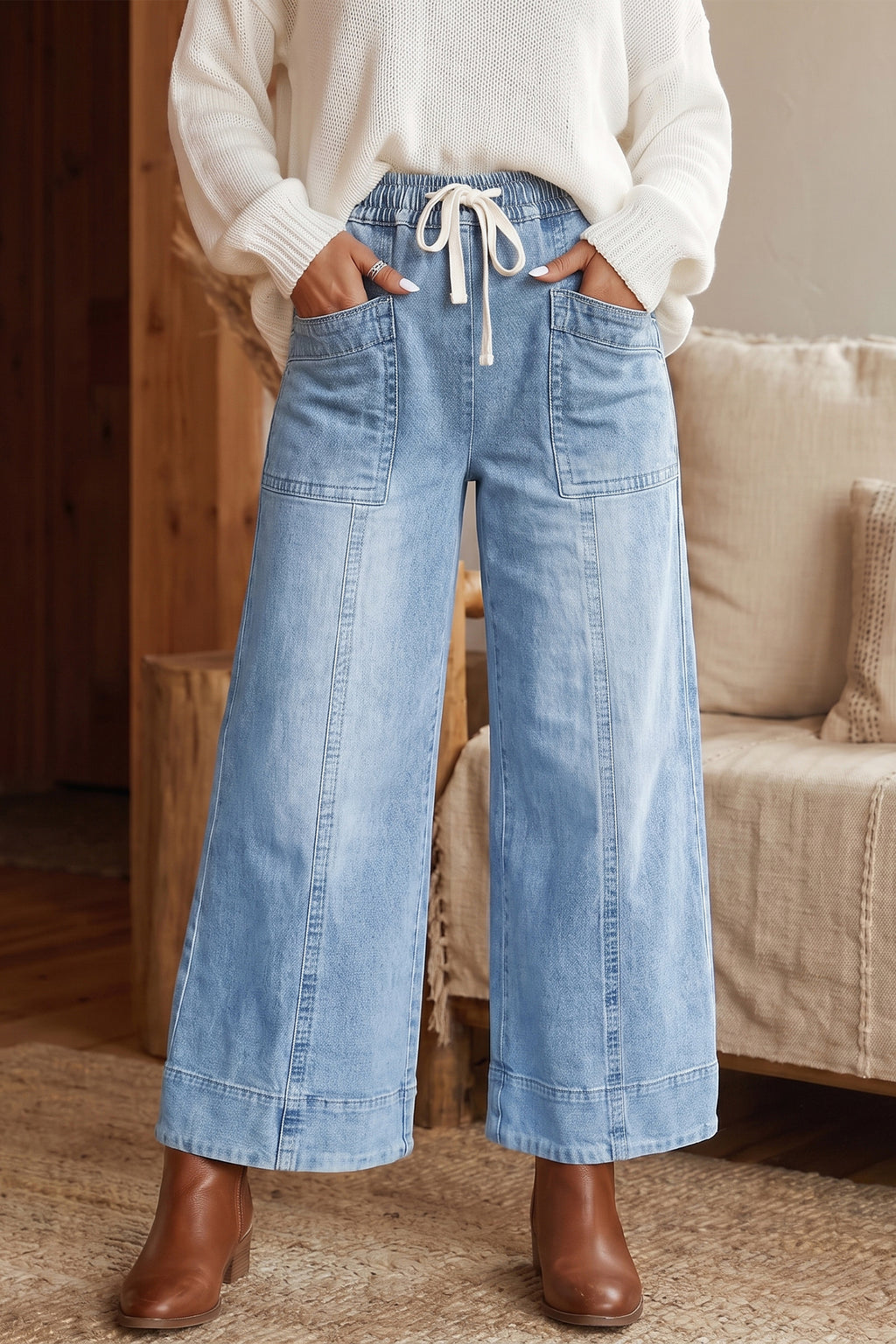 Beau Blue Drawstring Waist Wide Leg Ankle Length Jeans