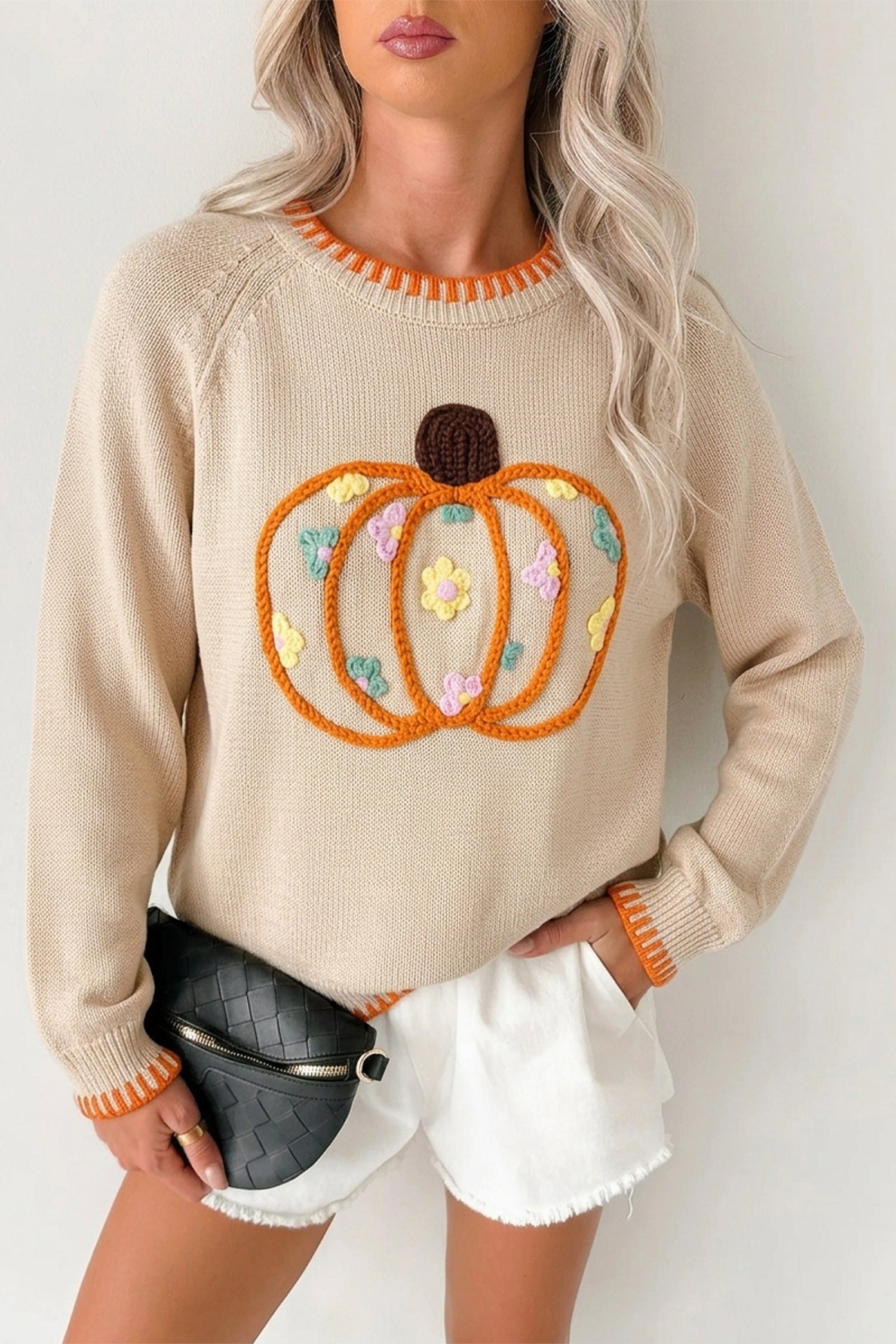 Embroidery Pumpkin Long Sleeve Round Neck Sweater