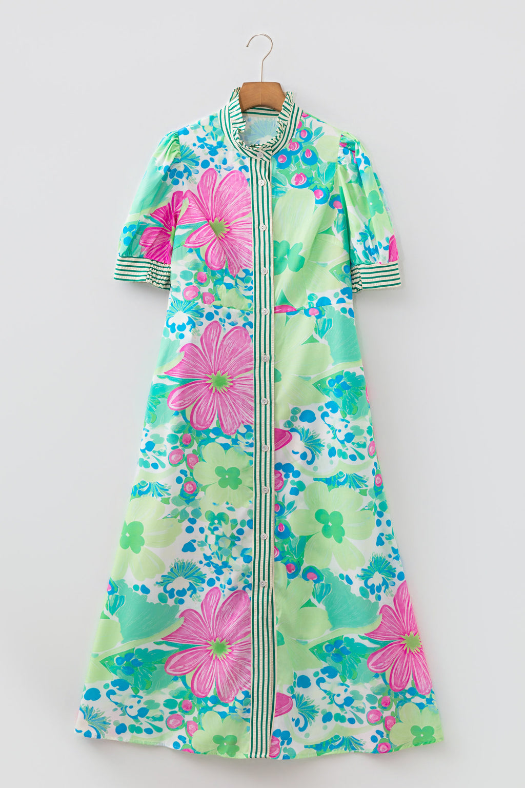 Floral Print Striped Trim Button Down Short Sleeve Dress