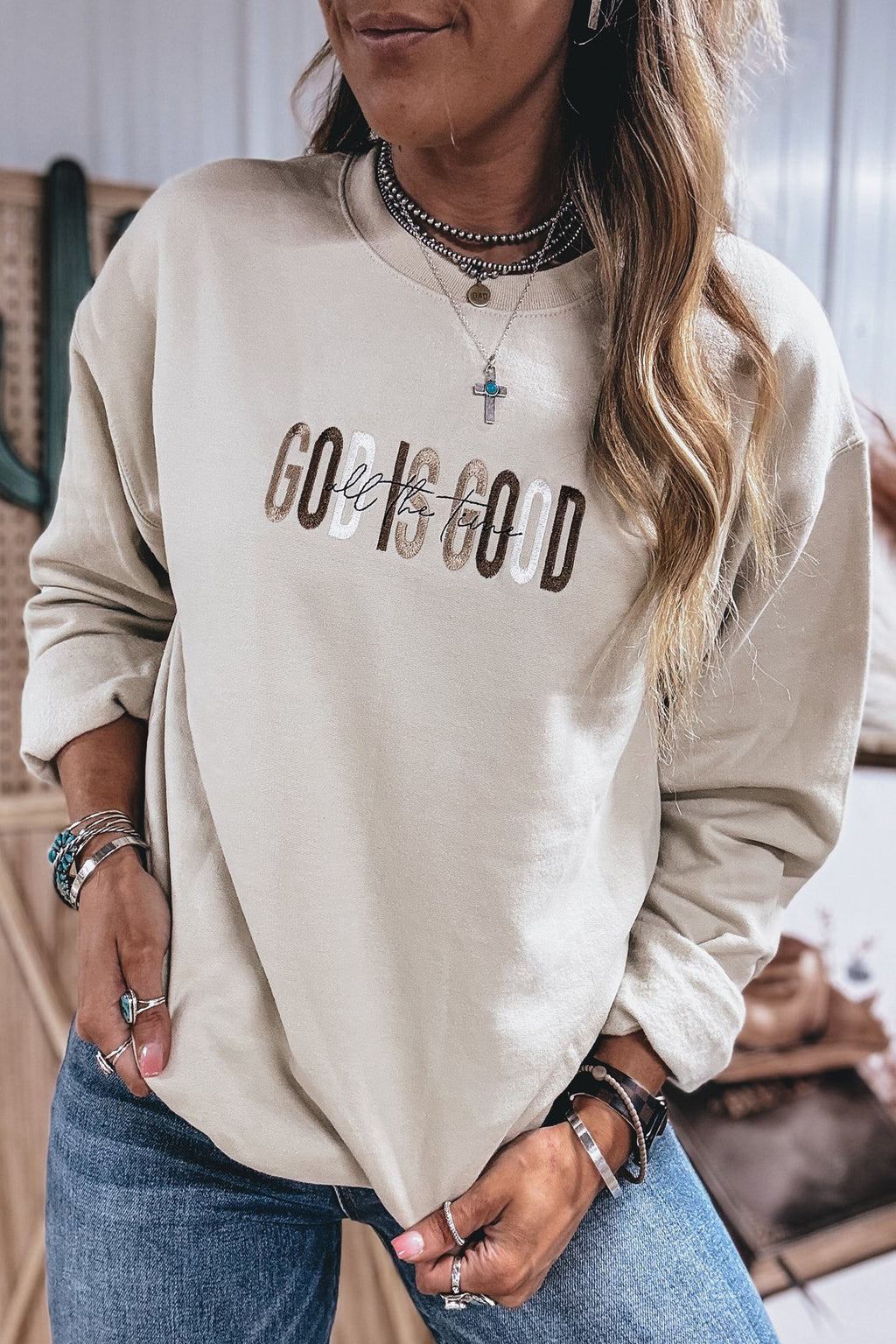 GOD IS GOOD Western Embroidered Crewneck