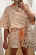 Pink Stripe Contrast Neck Loose Tee and Drawstring Shorts Set