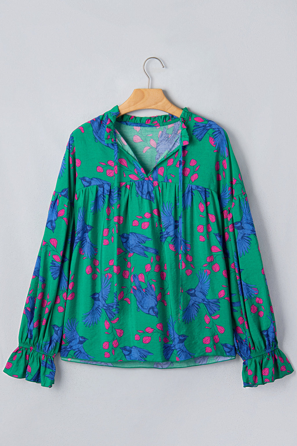 Green Abstract Print V Neck Flounced Puff Sleeve Blouse