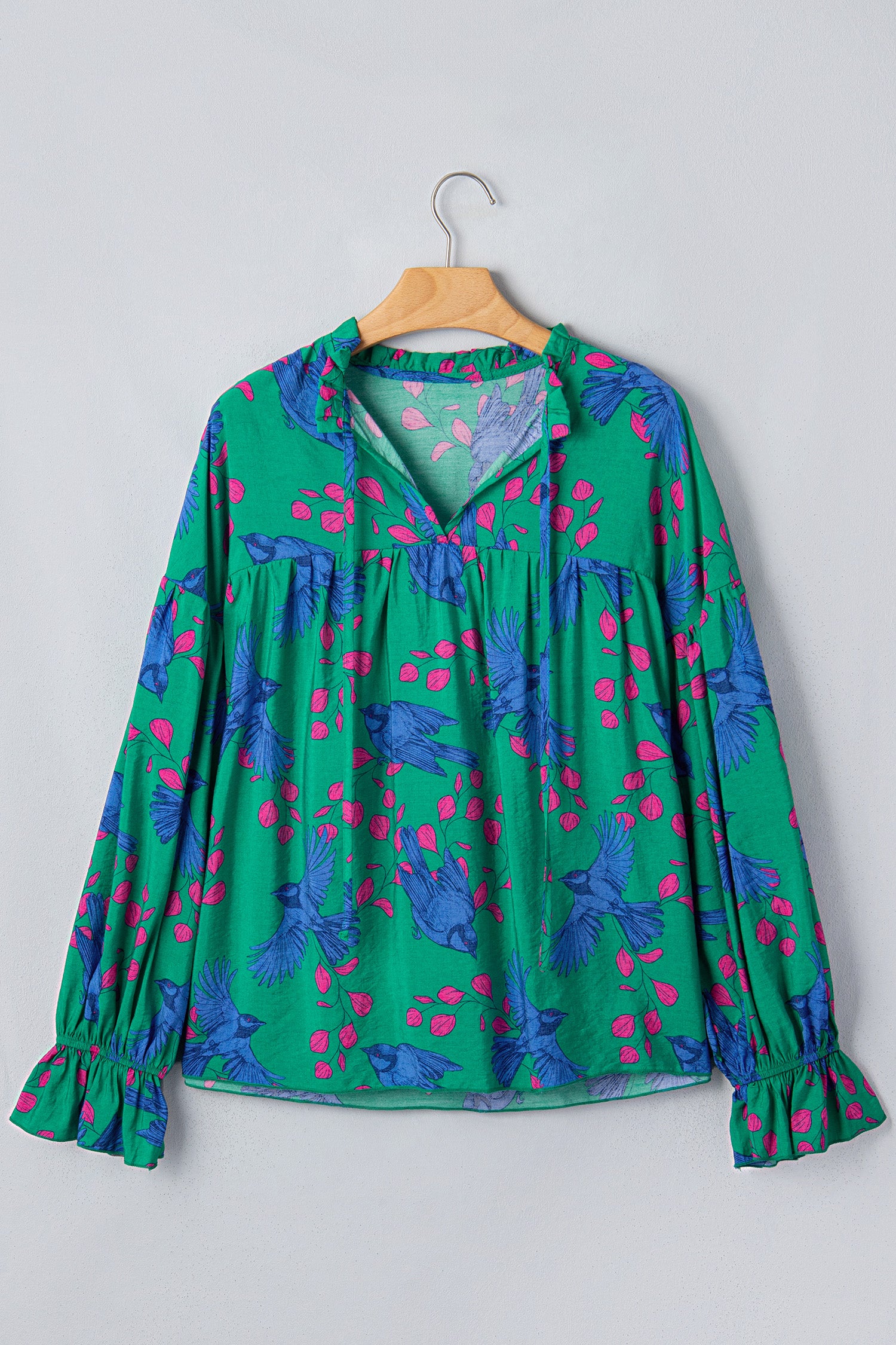Green Abstract Print V Neck Flounced Puff Sleeve Blouse