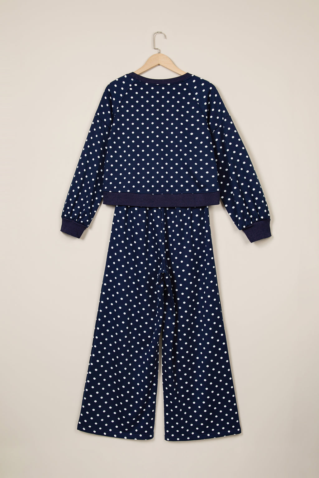 Blue Polka Dot Drawstring Wide Leg Long Sleeve Top Pant Set