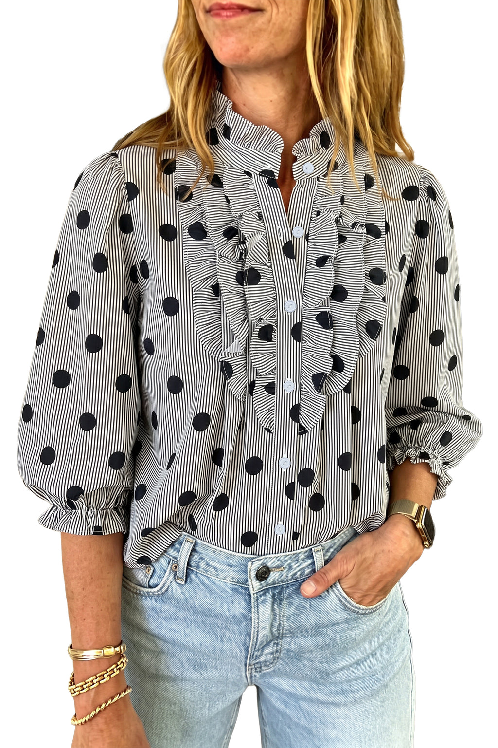 Polka Dot Stripe Ruffle Neck Top
