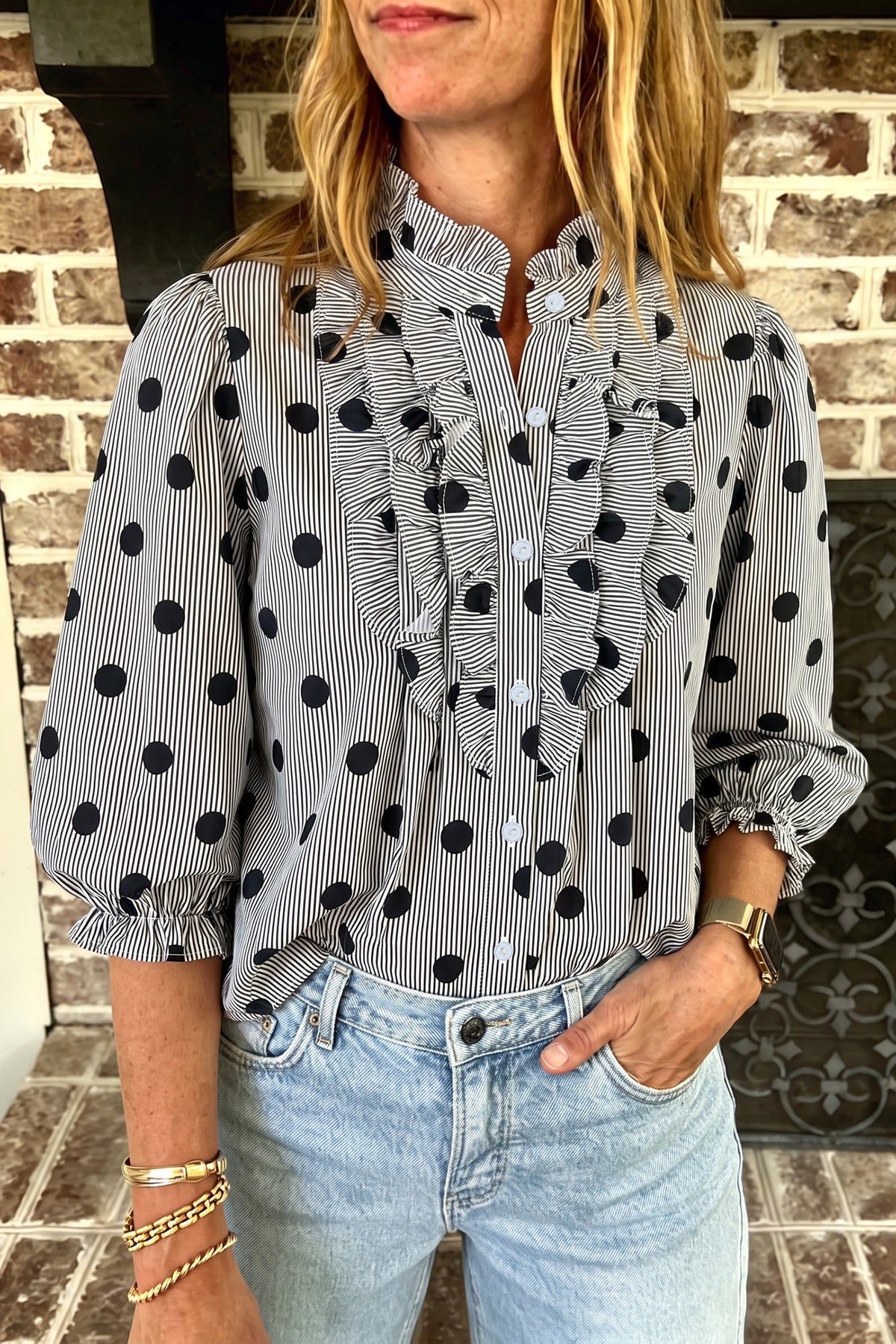 Polka Dot Stripe Ruffle Neck Top
