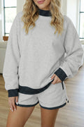 Grey Polka Dot Mock Neck Pullover & Shorts Set