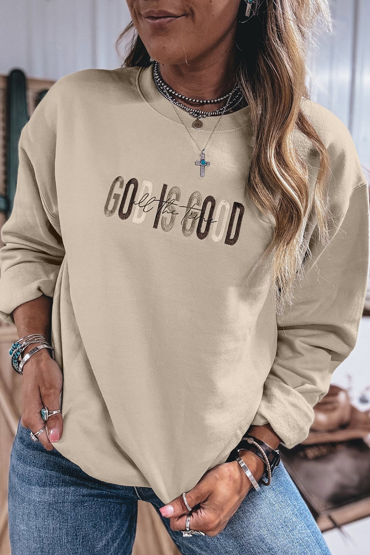 GOD IS GOOD Western Embroidered Crewneck