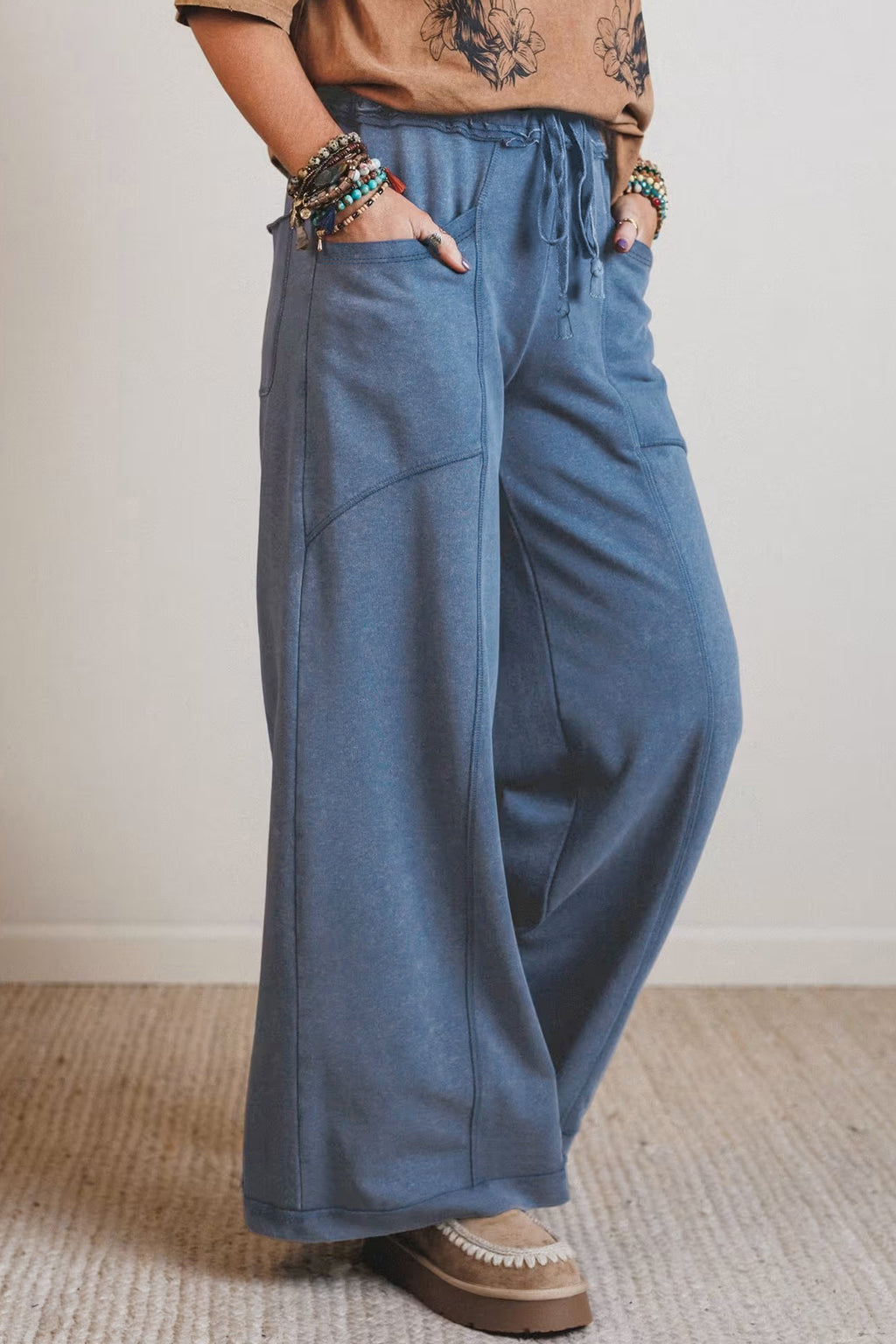 Mineral Wash Drawstring High Waist Wide Leg Western Pants