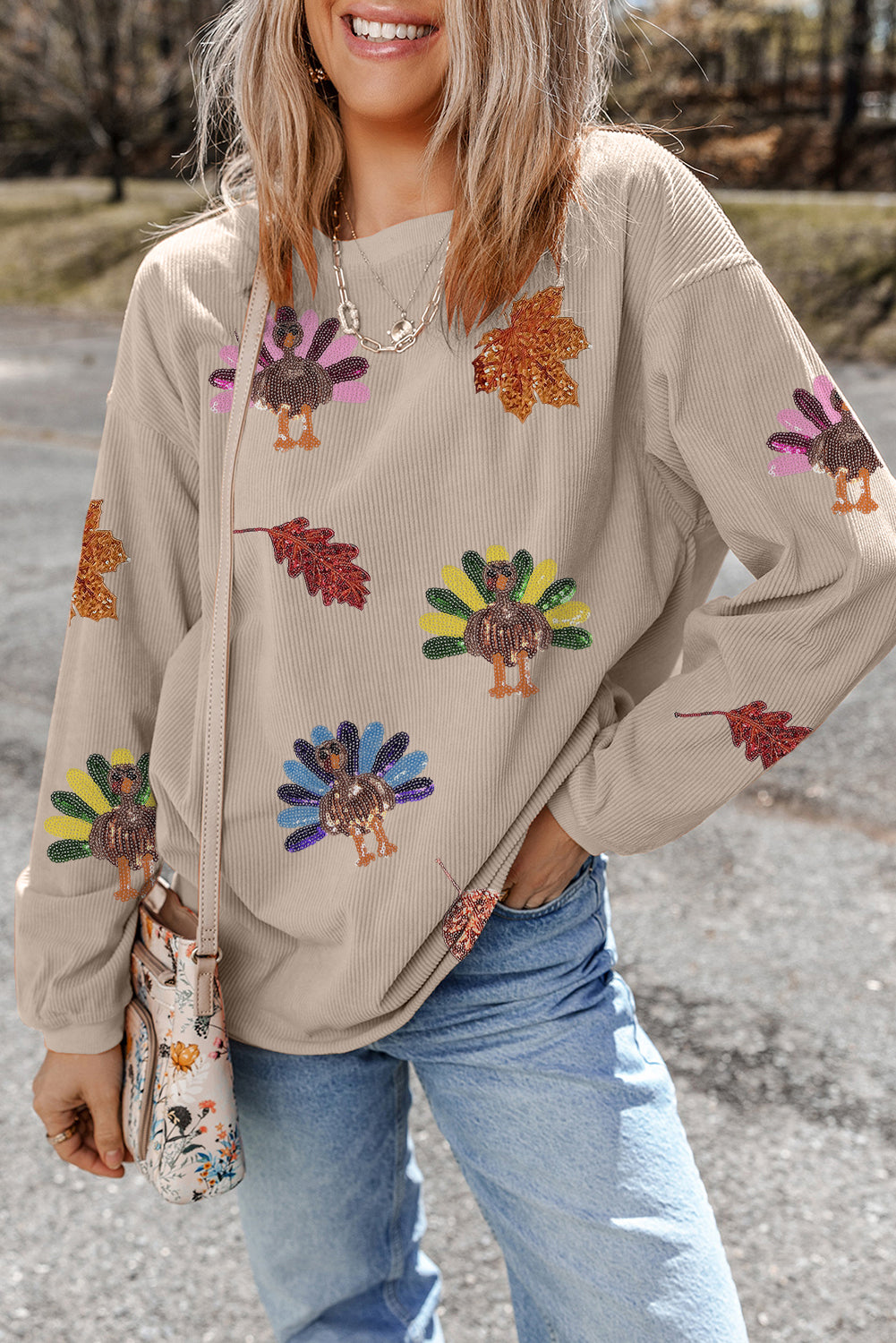 Smoke Gray 3D Ribbed Sequin Fall Leaf Turkey Graphic Baggy Sweatshirt