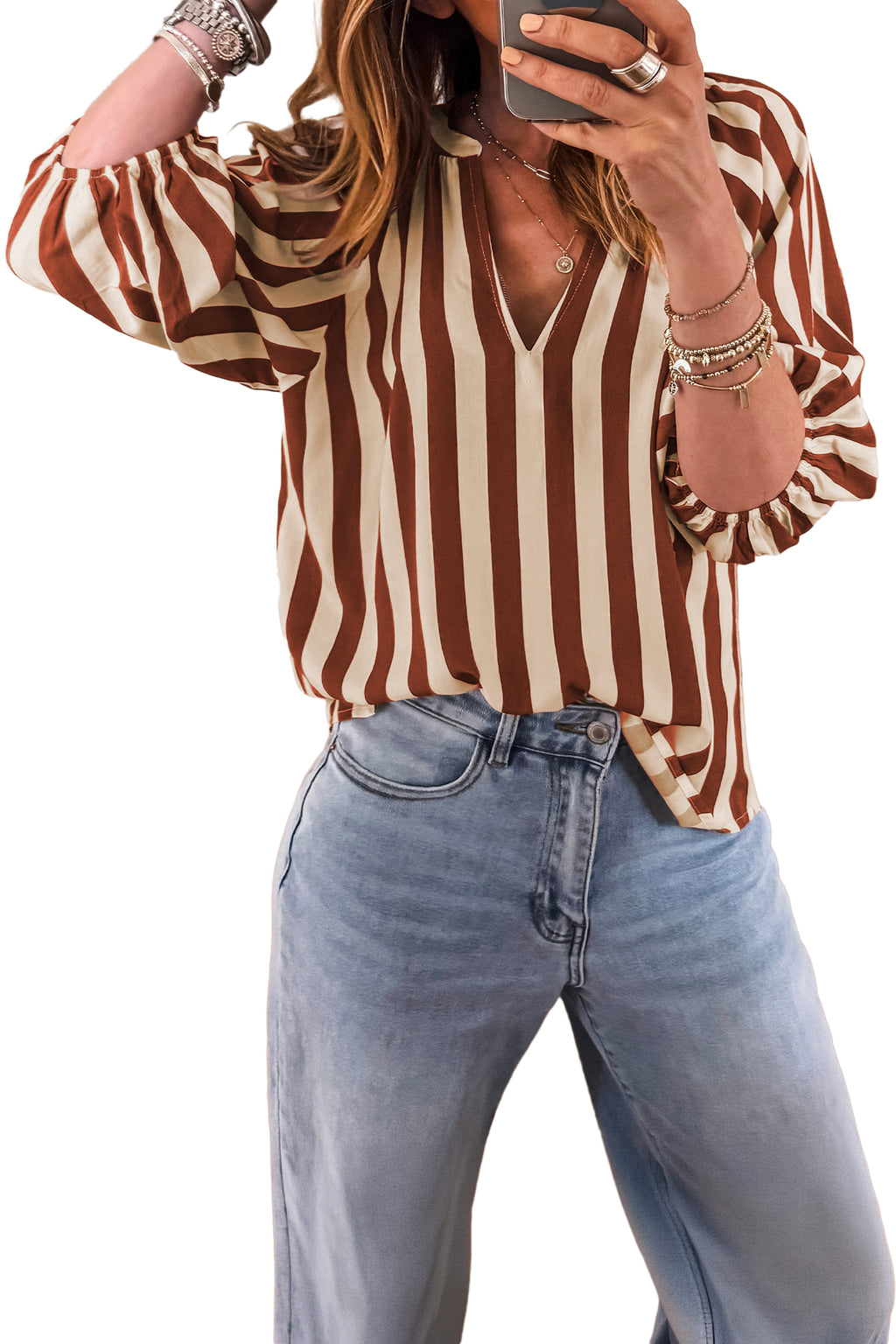 Mocha Stripe V-Neck Top
