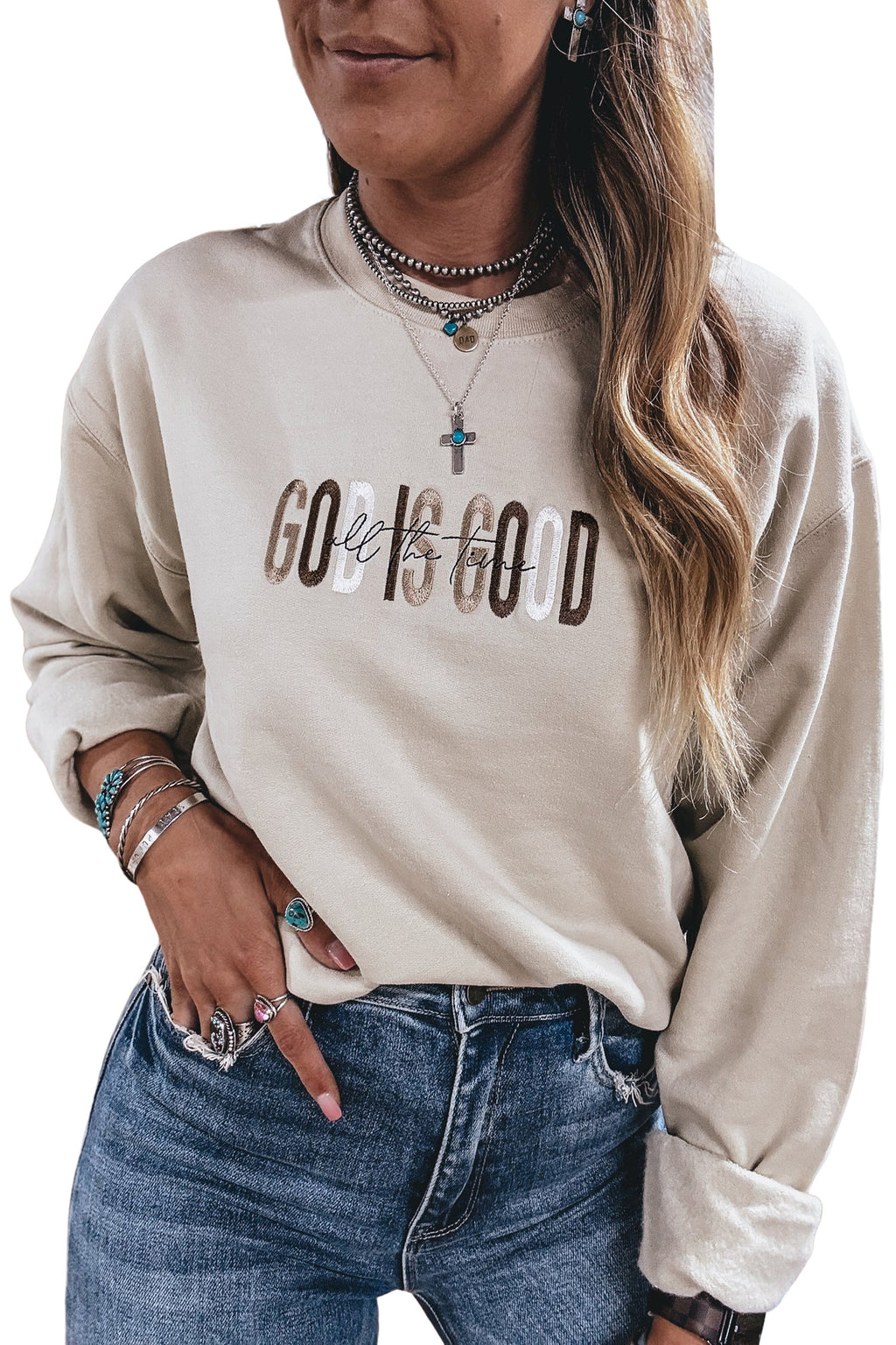 GOD IS GOOD Western Embroidered Crewneck