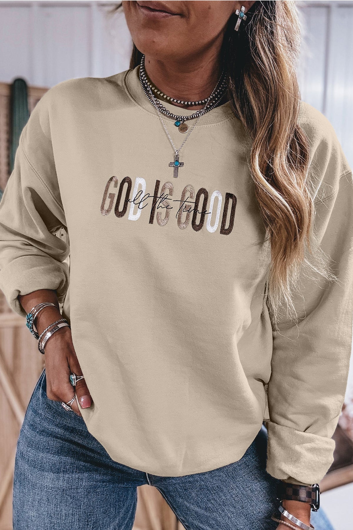 GOD IS GOOD Western Embroidered Crewneck