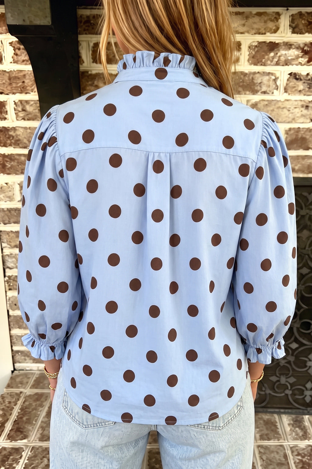 Polka Dot Stripe Ruffle Neck Top