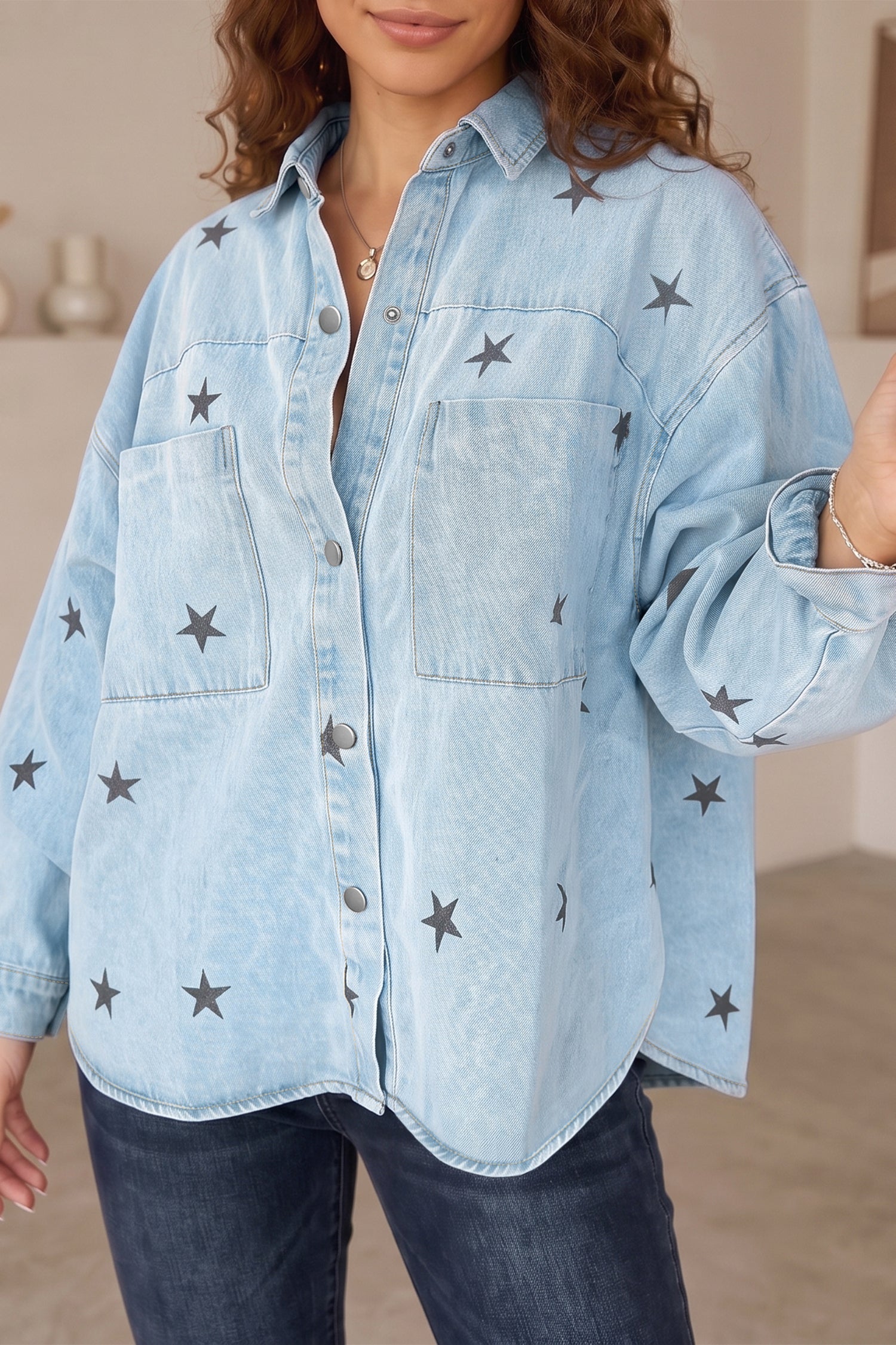 Sky Blue Stars Pattern Long Sleeve Shirt Collar Denim Jacket